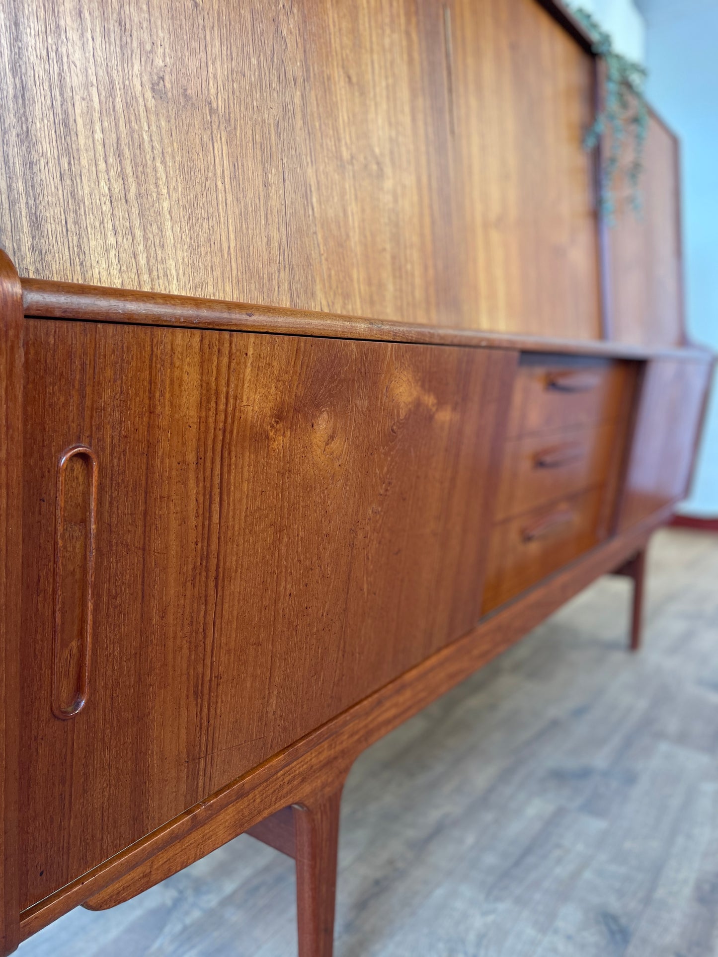 Mid-Century Danish Teak Highboard Sideboard with Sliding Doors & Drawers