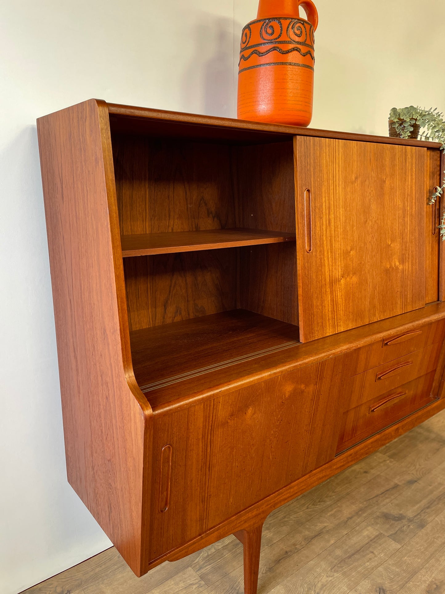 Mid-Century Danish Teak Highboard Sideboard with Sliding Doors & Drawers