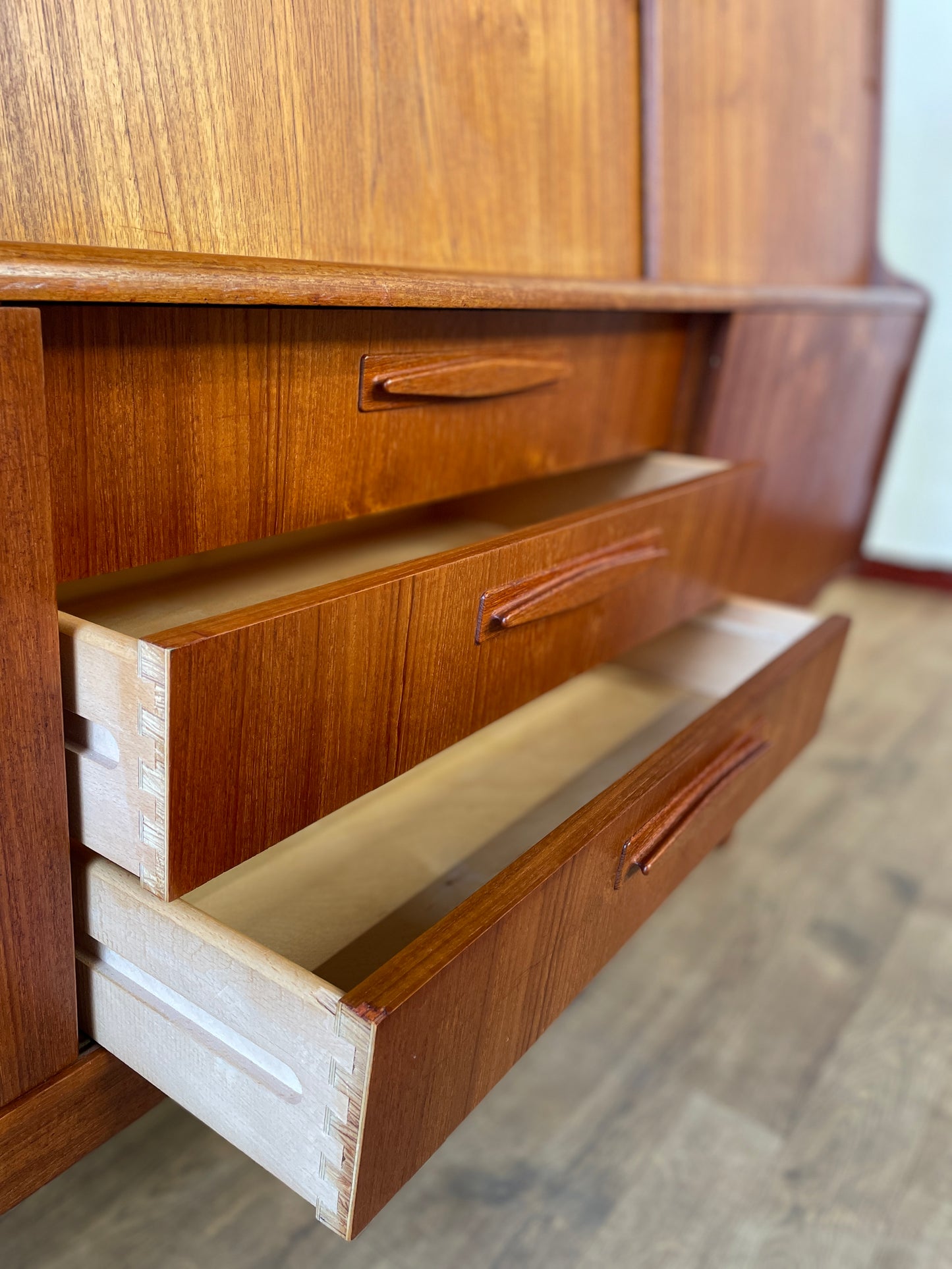 Mid-Century Danish Teak Highboard Sideboard with Sliding Doors & Drawers