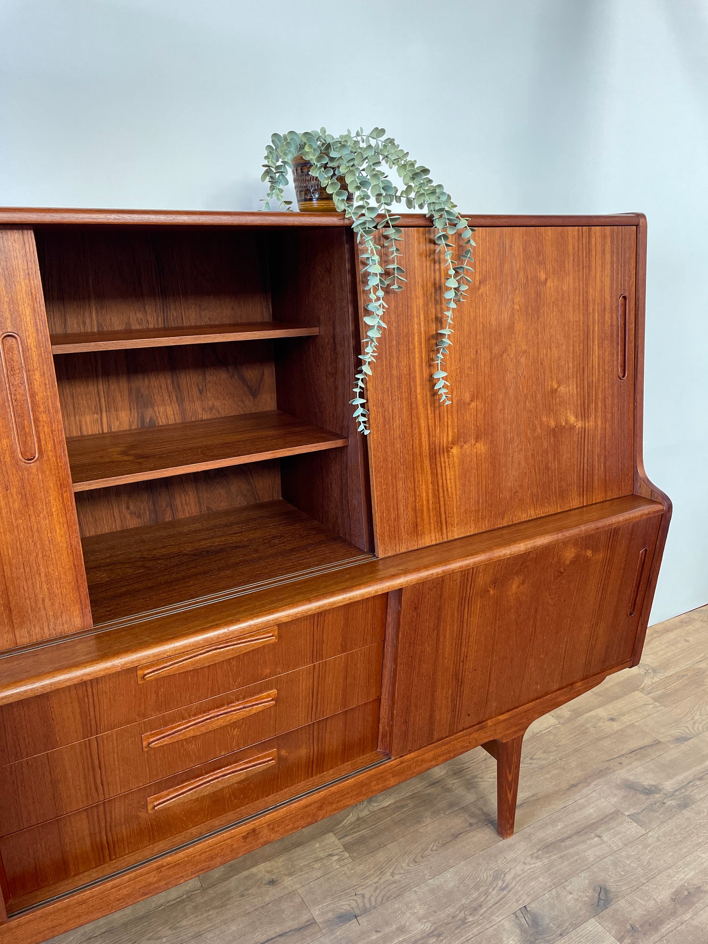 Mid-Century Danish Teak Highboard Sideboard with Sliding Doors & Drawers