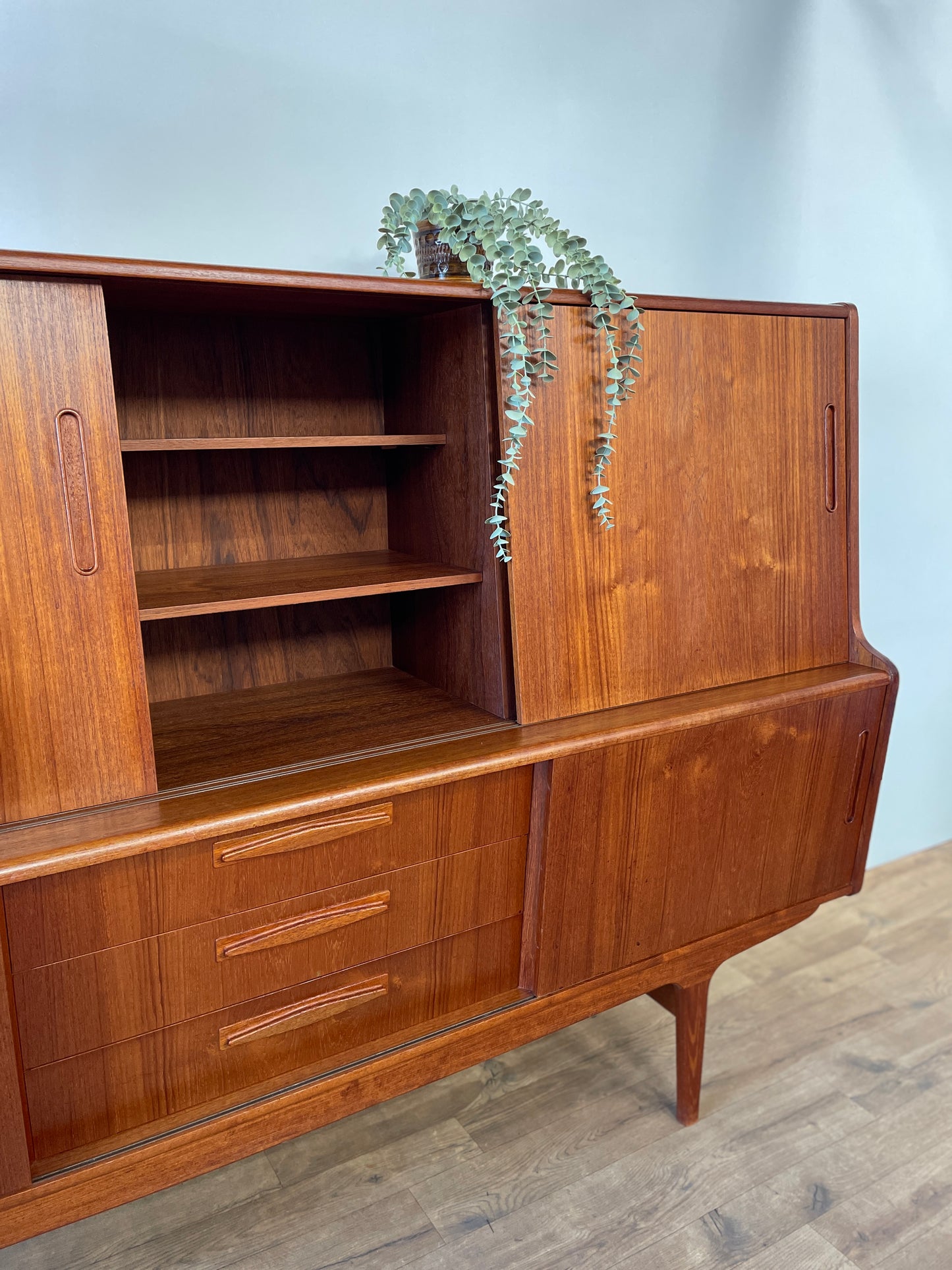 Mid-Century Danish Teak Highboard Sideboard with Sliding Doors & Drawers