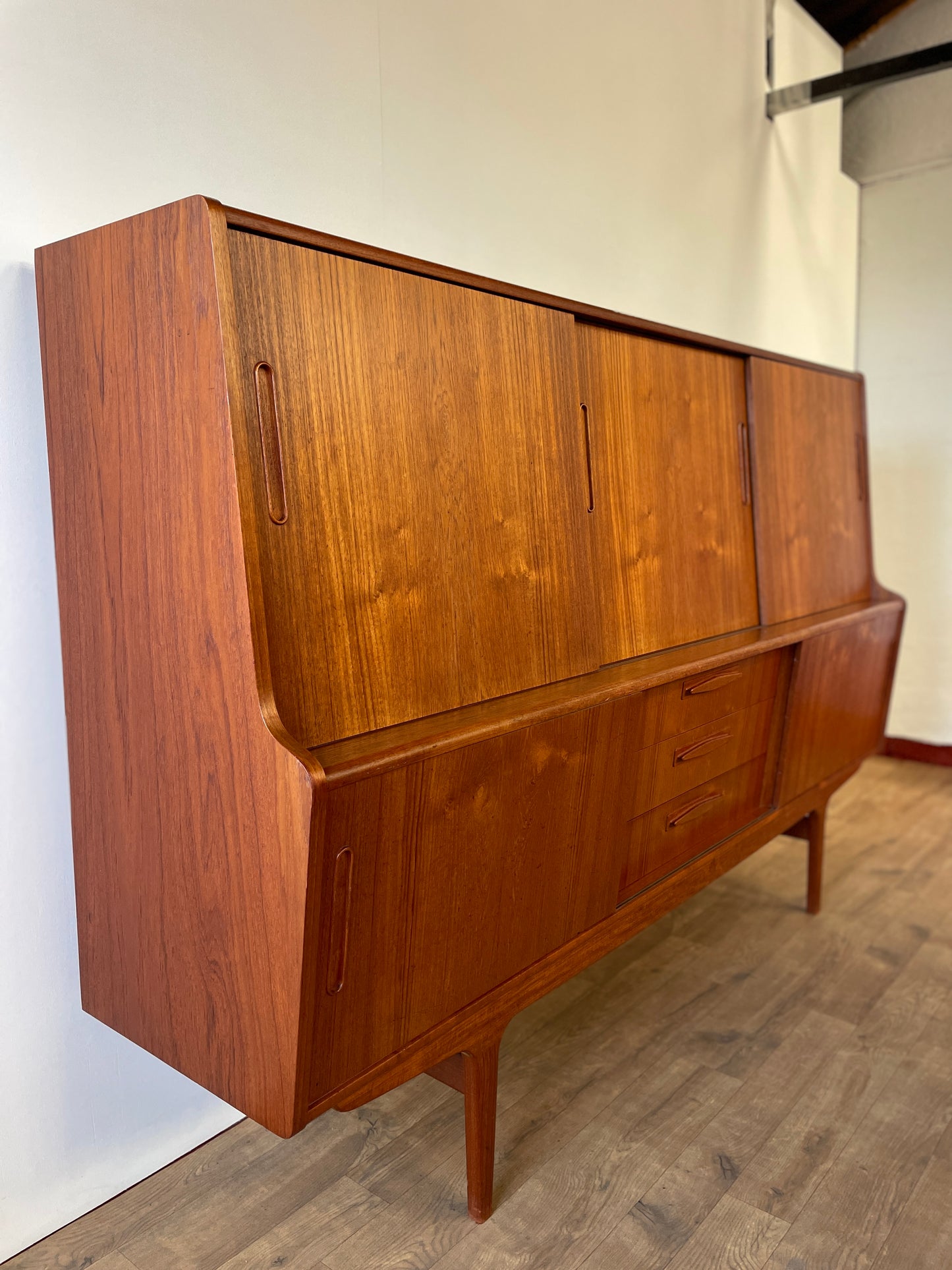 Mid-Century Danish Teak Highboard Sideboard with Sliding Doors & Drawers