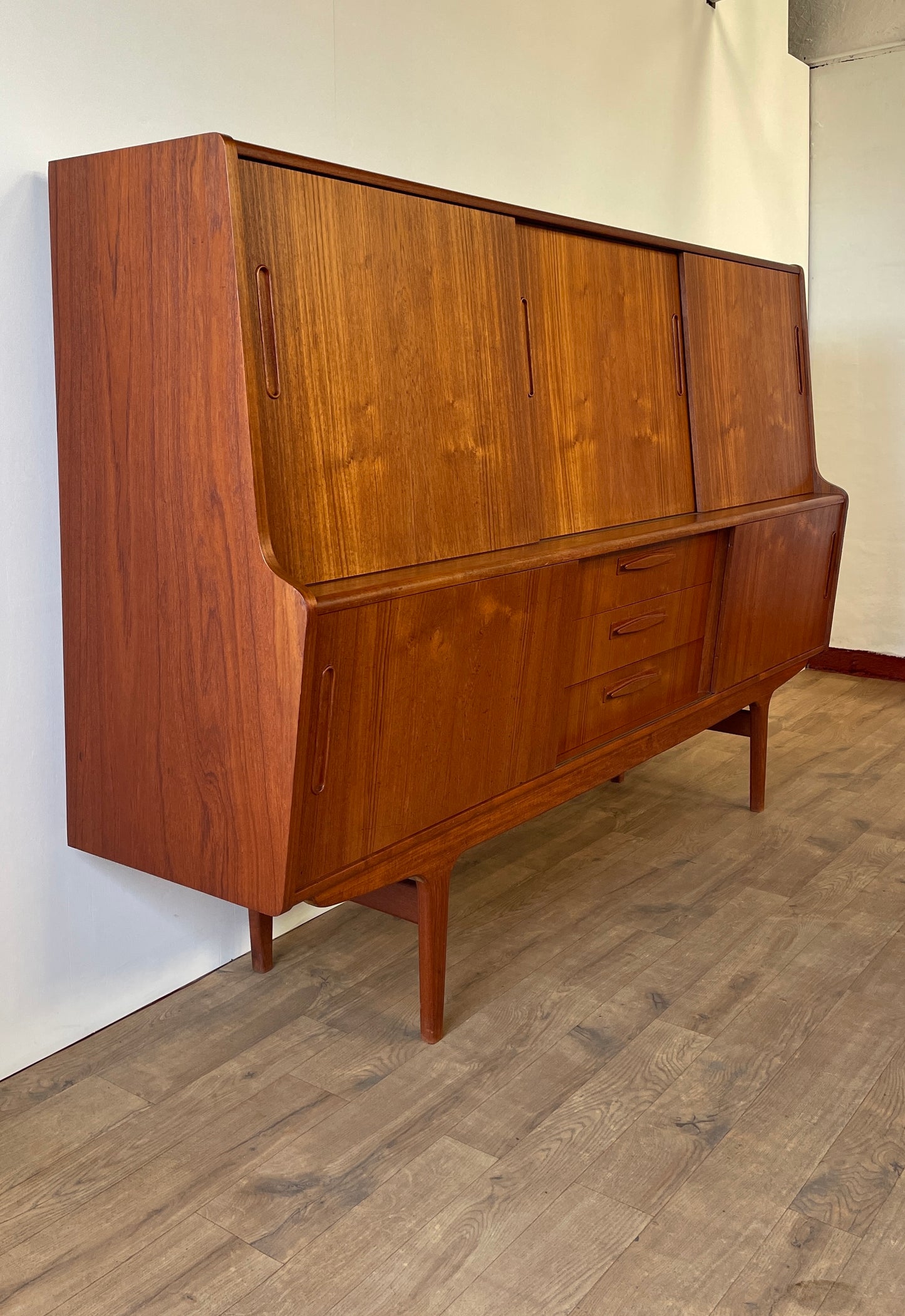 Mid-Century Danish Teak Highboard Sideboard with Sliding Doors & Drawers