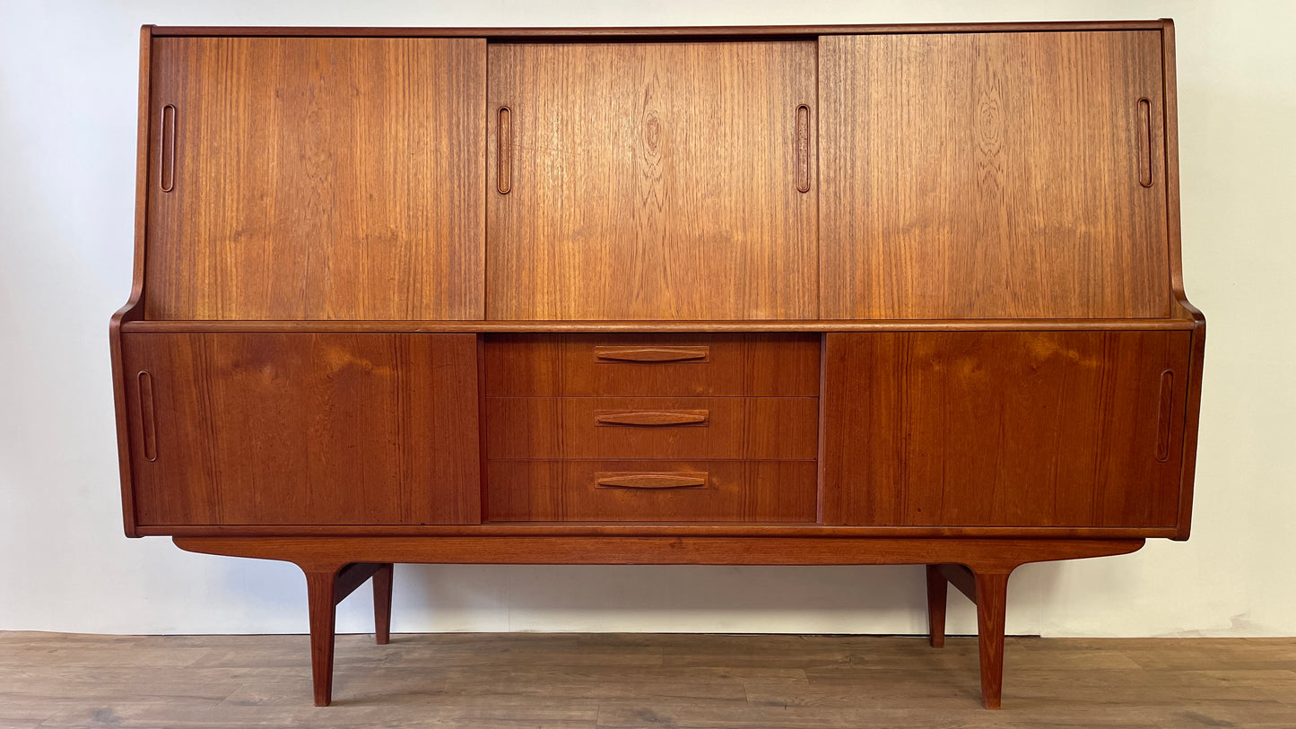 Mid-Century Danish Teak Highboard Sideboard with Sliding Doors & Drawers