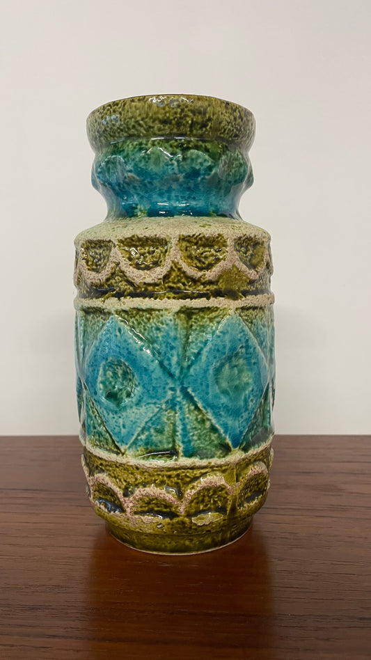 Mid-Century West German Turquoise & Green Glaze Vase | 20cm Ceramic Art Pottery
