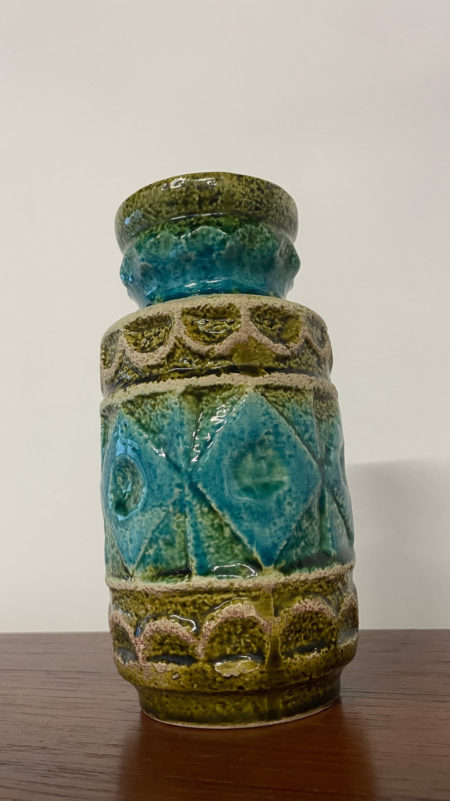 Mid-Century West German Turquoise & Green Glaze Vase | 20cm Ceramic Art Pottery