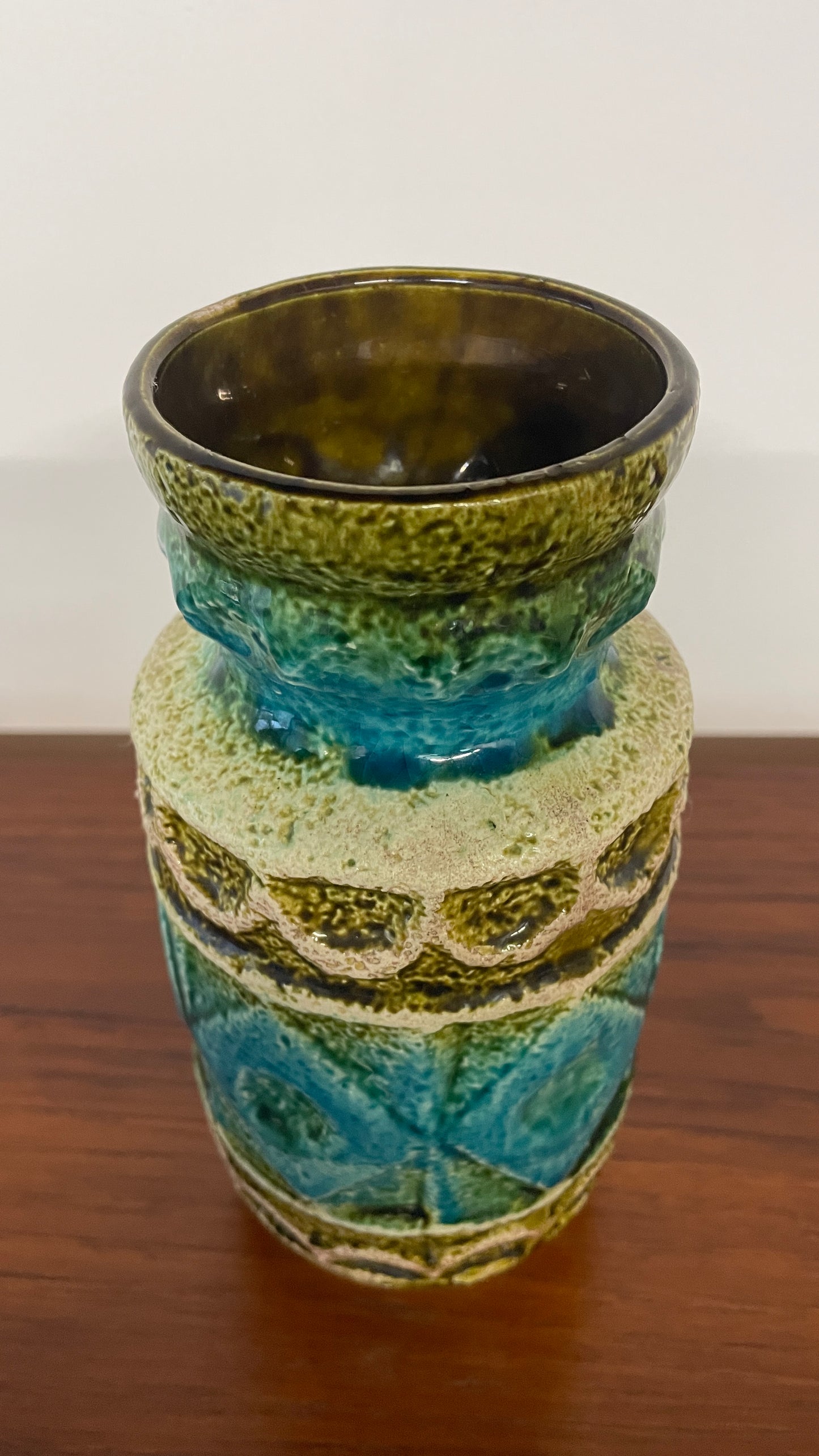 Mid-Century West German Turquoise & Green Glaze Vase | 20cm Ceramic Art Pottery