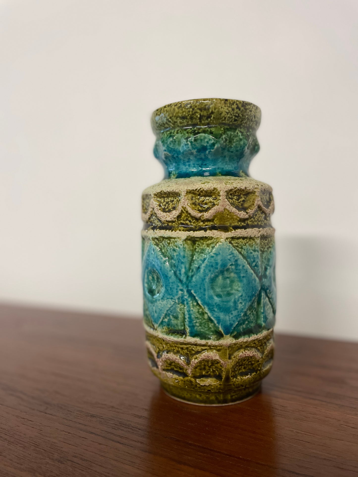 Mid-Century West German Turquoise & Green Glaze Vase | 20cm Ceramic Art Pottery