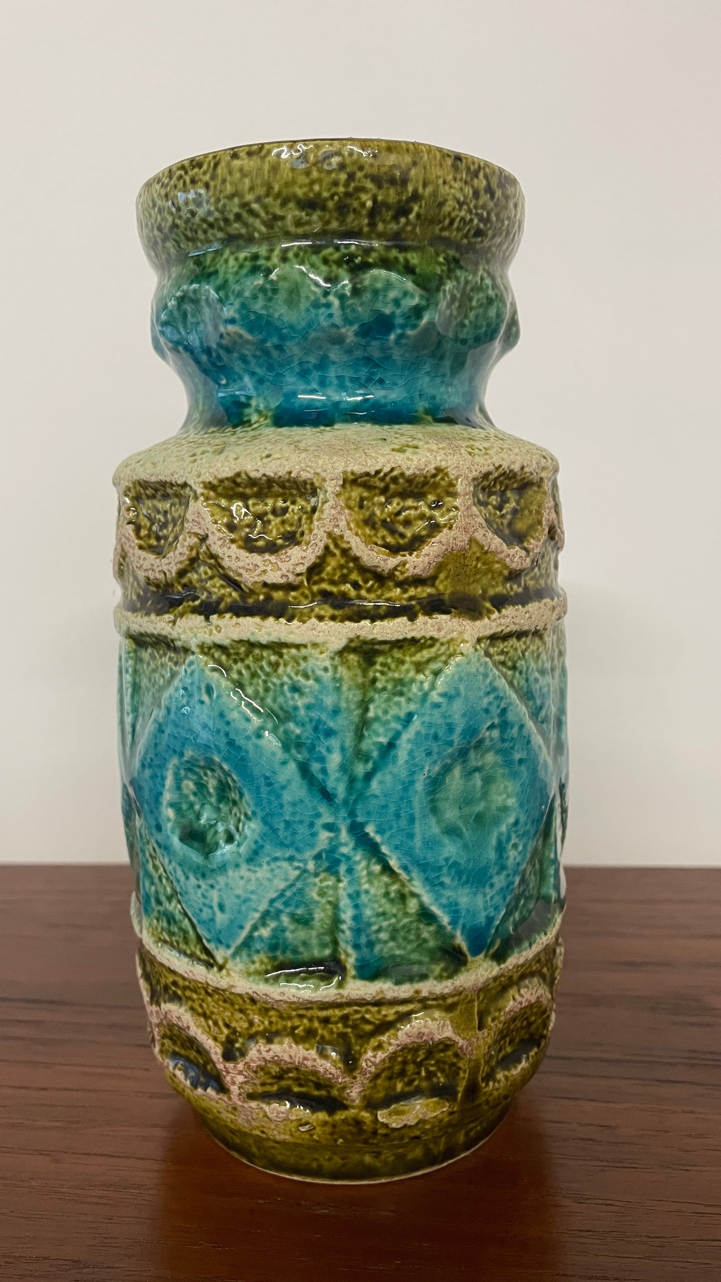 Mid-Century West German Turquoise & Green Glaze Vase | 20cm Ceramic Art Pottery