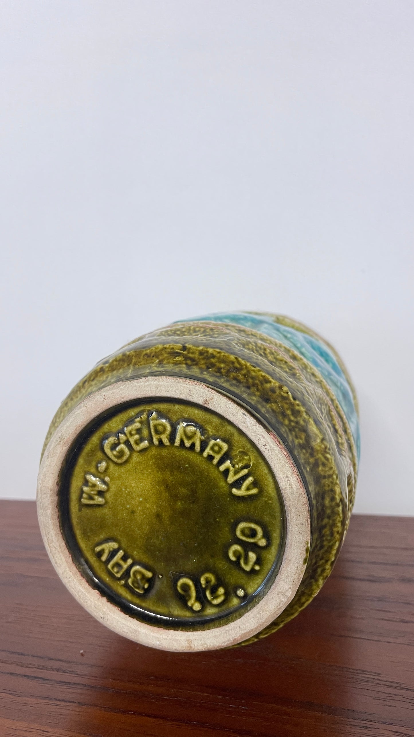 Mid-Century West German Turquoise & Green Glaze Vase | 20cm Ceramic Art Pottery