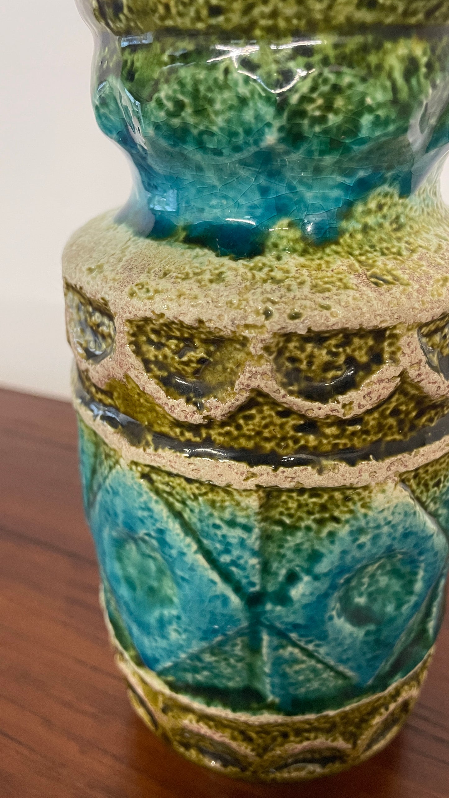Mid-Century West German Turquoise & Green Glaze Vase | 20cm Ceramic Art Pottery