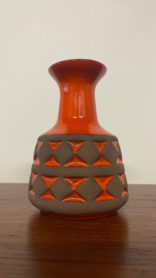 Small Mid-Century West German Vase – Orange & Black Fat Lava Geometric Ceramic – 14cm