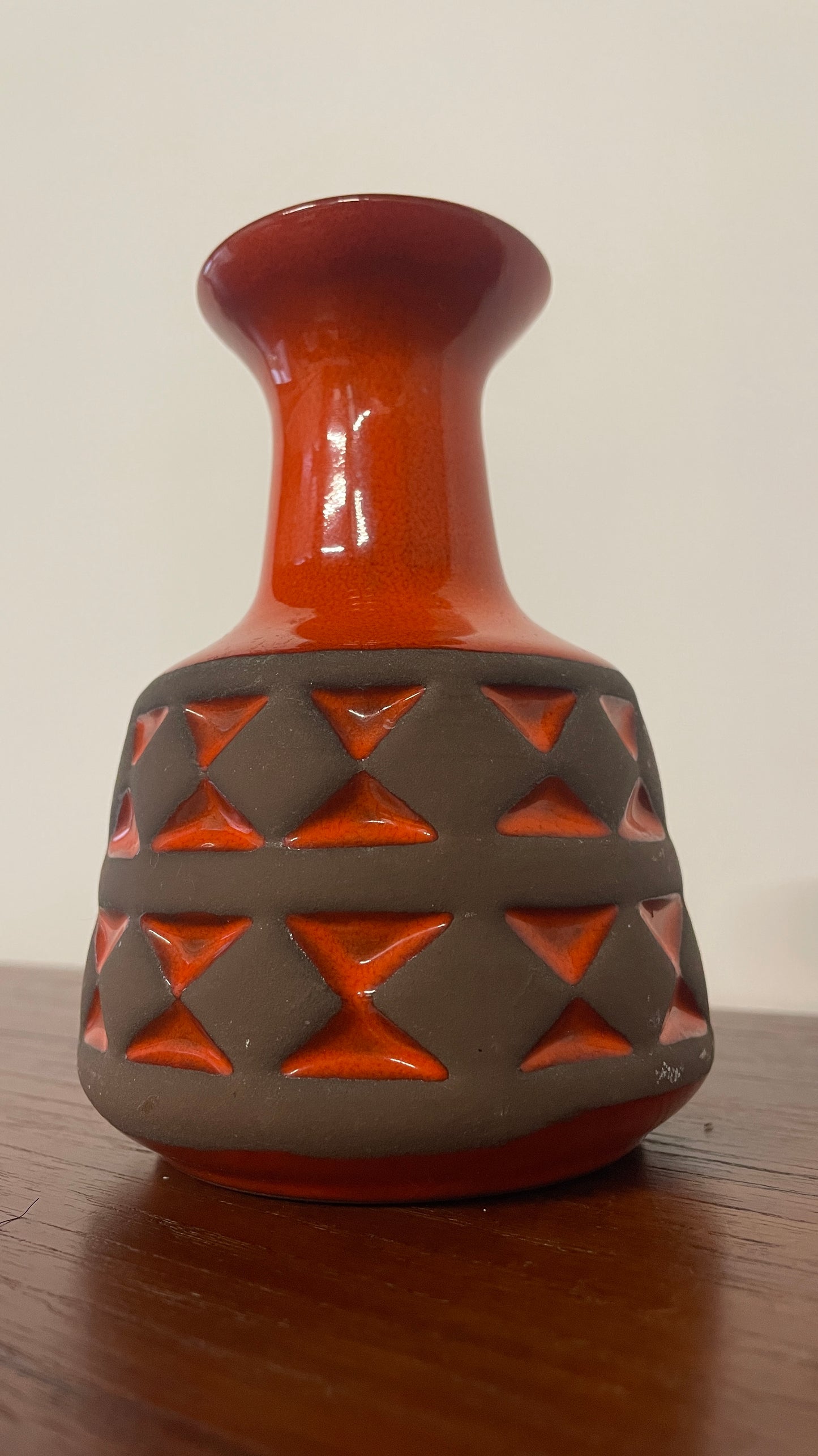 Small Mid-Century West German Vase – Orange & Black Fat Lava Geometric Ceramic – 14cm