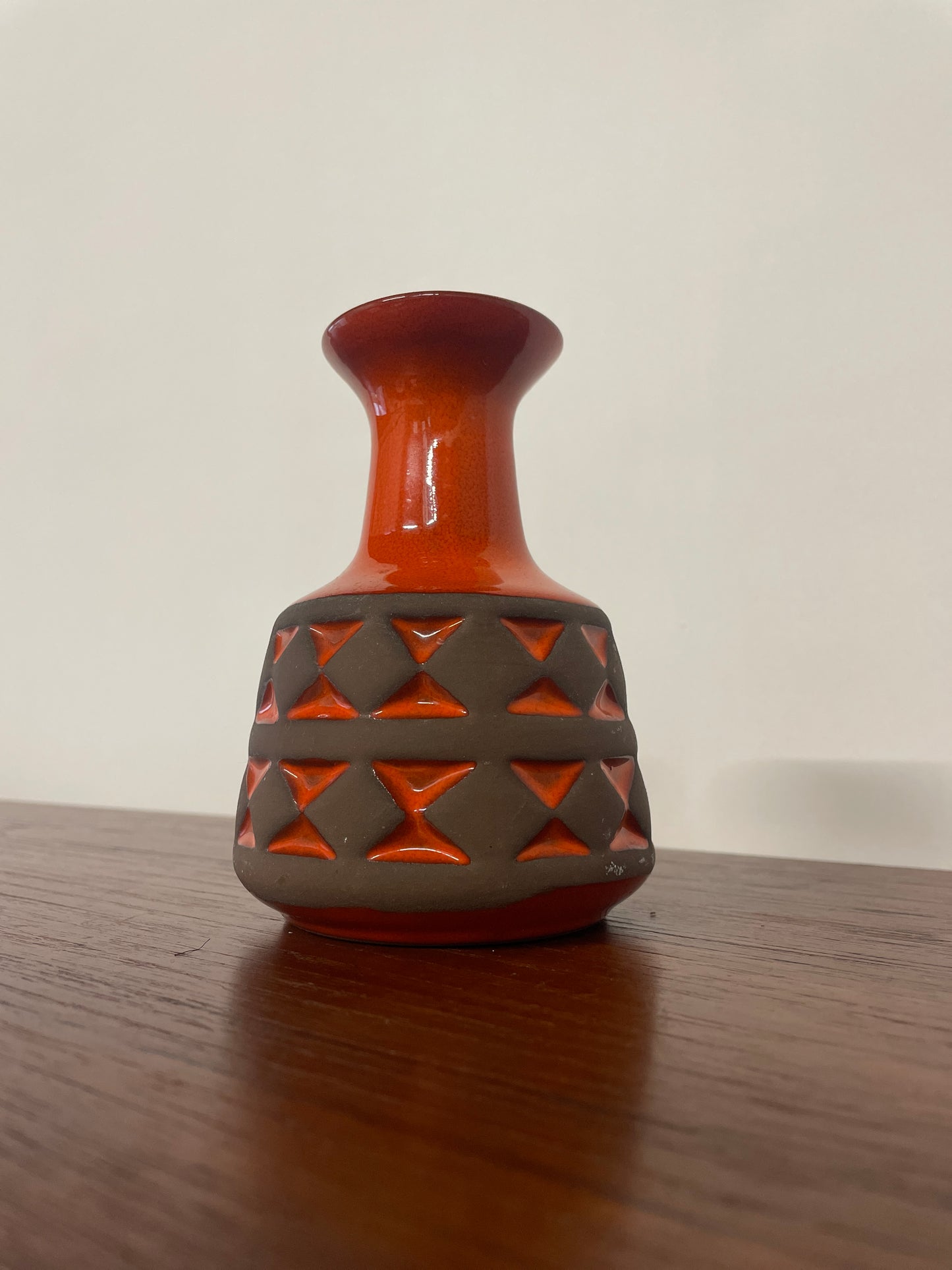 Small Mid-Century West German Vase – Orange & Black Fat Lava Geometric Ceramic – 14cm