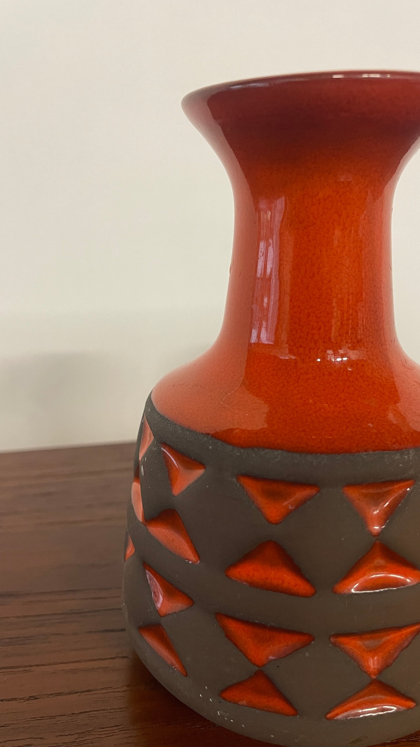 Small Mid-Century West German Vase – Orange & Black Fat Lava Geometric Ceramic – 14cm