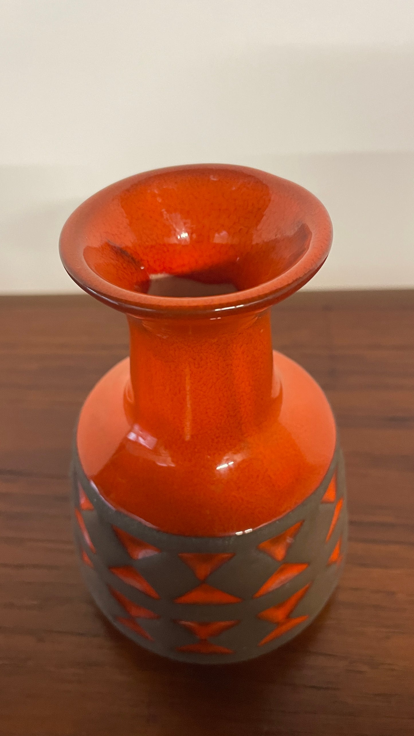 Small Mid-Century West German Vase – Orange & Black Fat Lava Geometric Ceramic – 14cm