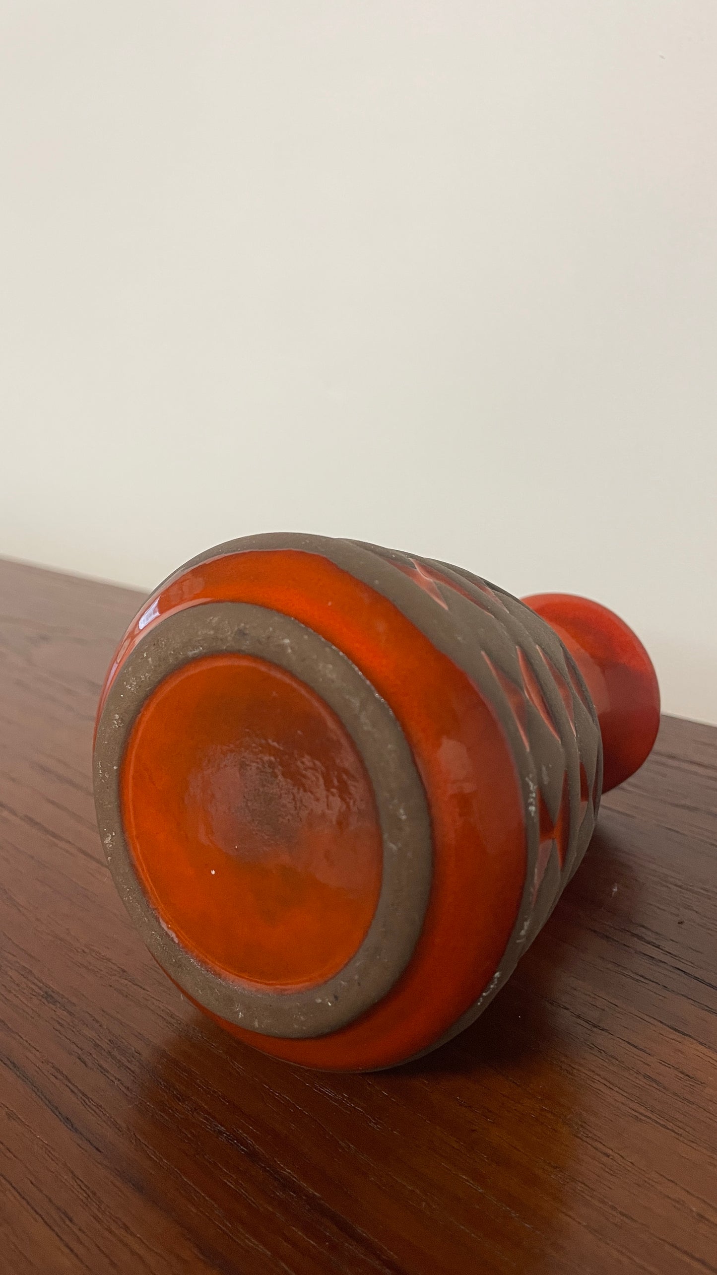 Small Mid-Century West German Vase – Orange & Black Fat Lava Geometric Ceramic – 14cm