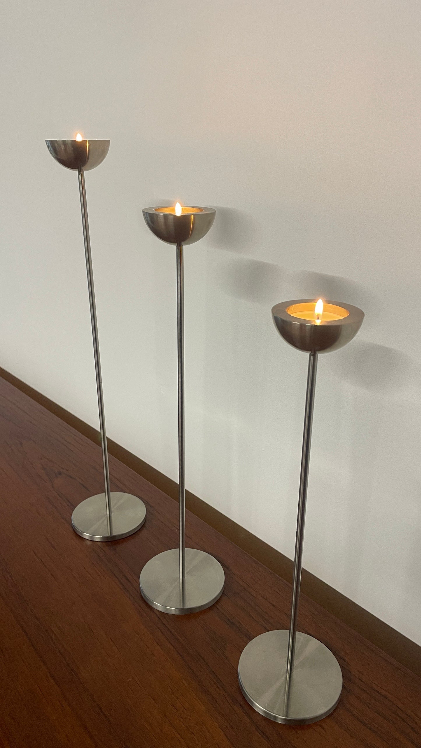 Vintage Danish Metal Tall Tea Light Holders – Set of 3 by Stilling of Denmark | Mid-Century Scandinavian Candlesticks