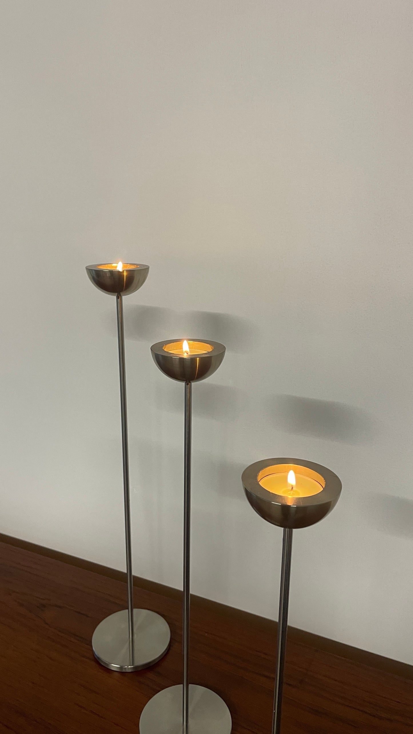 Vintage Danish Metal Tall Tea Light Holders – Set of 3 by Stilling of Denmark | Mid-Century Scandinavian Candlesticks