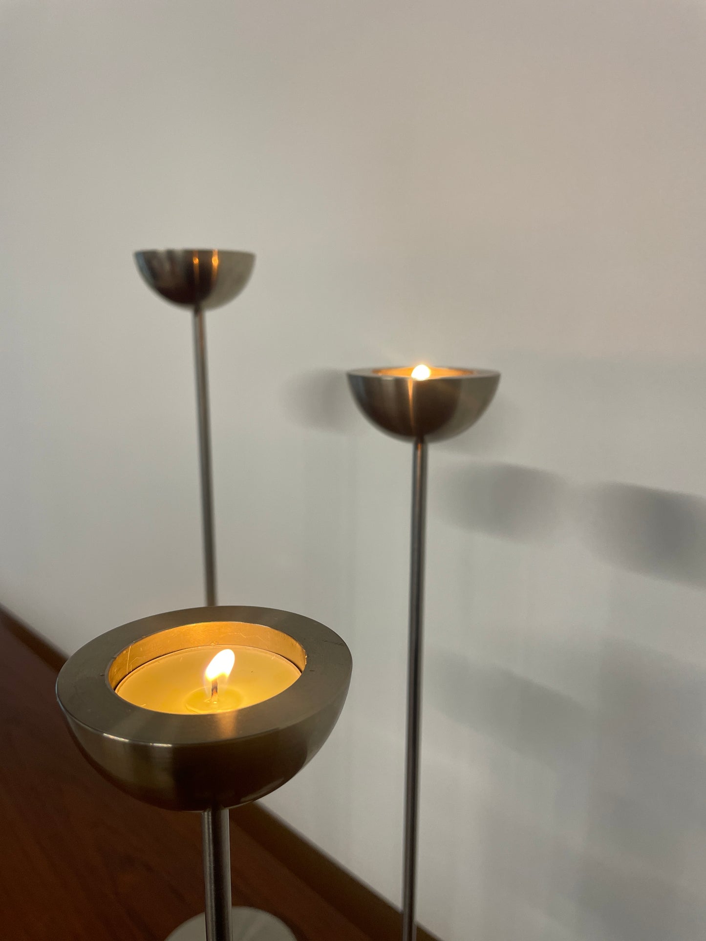 Vintage Danish Metal Tall Tea Light Holders – Set of 3 by Stilling of Denmark | Mid-Century Scandinavian Candlesticks