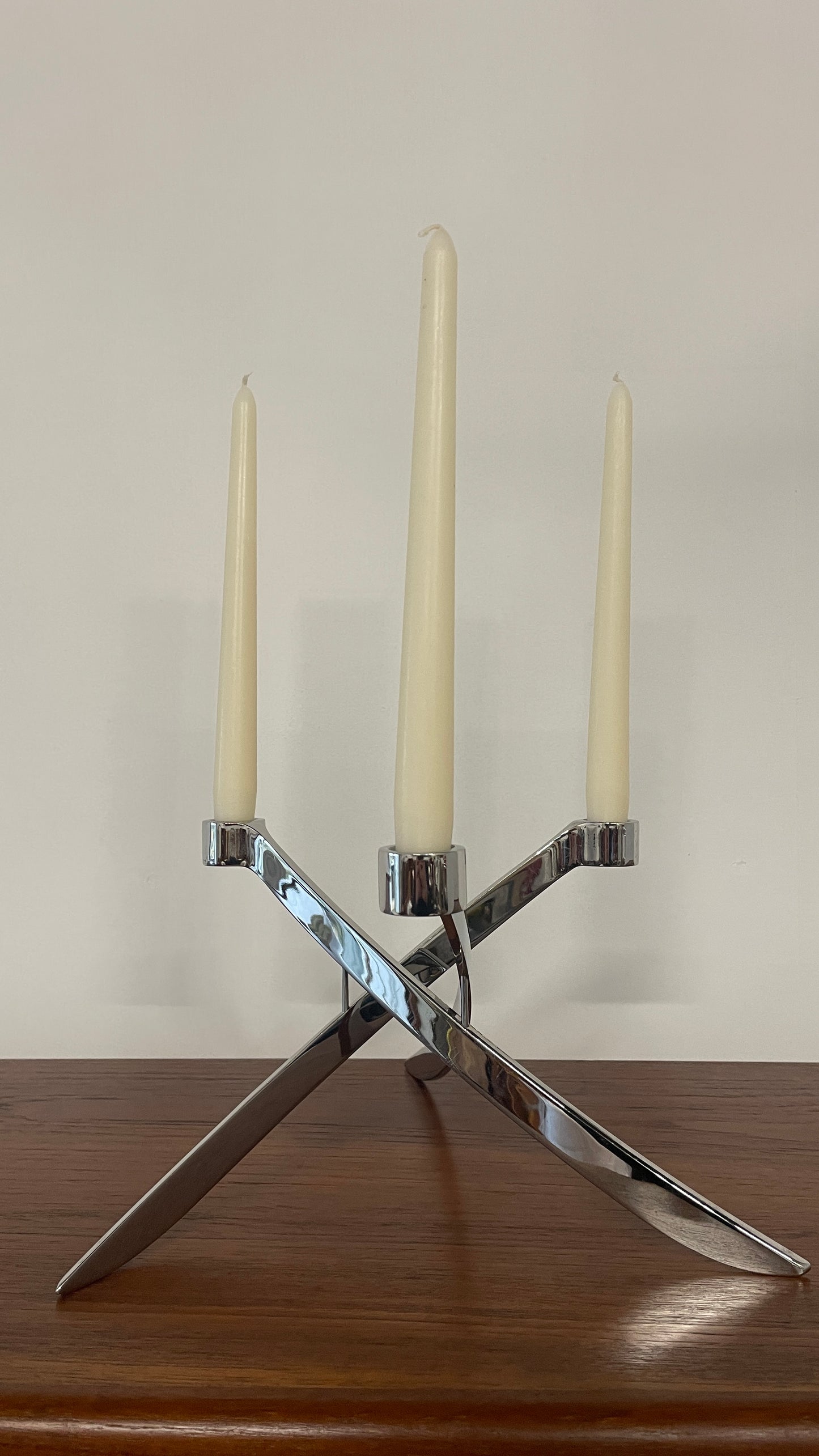 Vintage Chrome 3 Arm Candle Holder by Knud Holscher for Uyuni Lighting | Scandinavian Modern