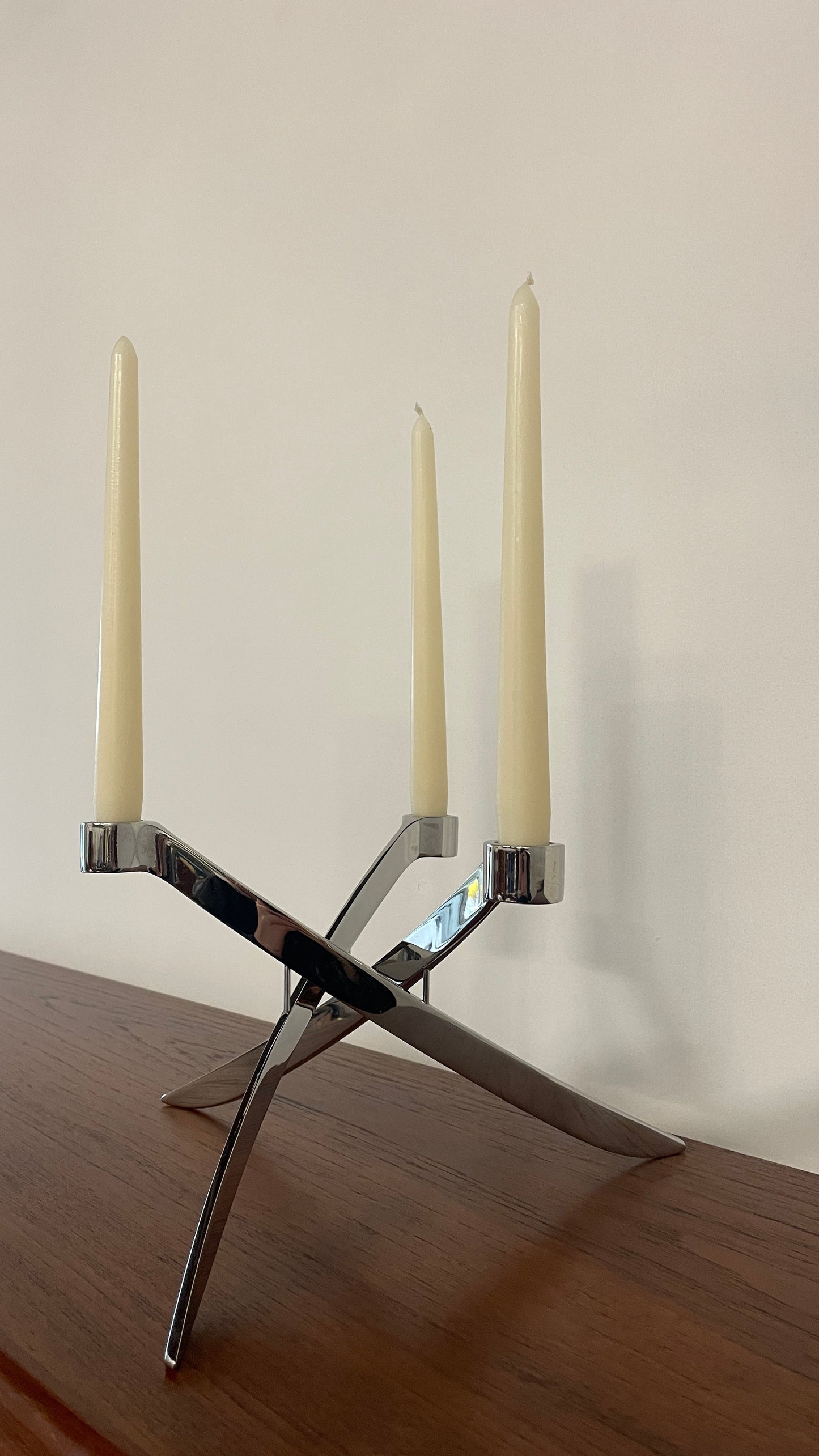 Vintage Chrome 3 Arm Candle Holder by Knud Holscher for Uyuni Lighting | Scandinavian Modern
