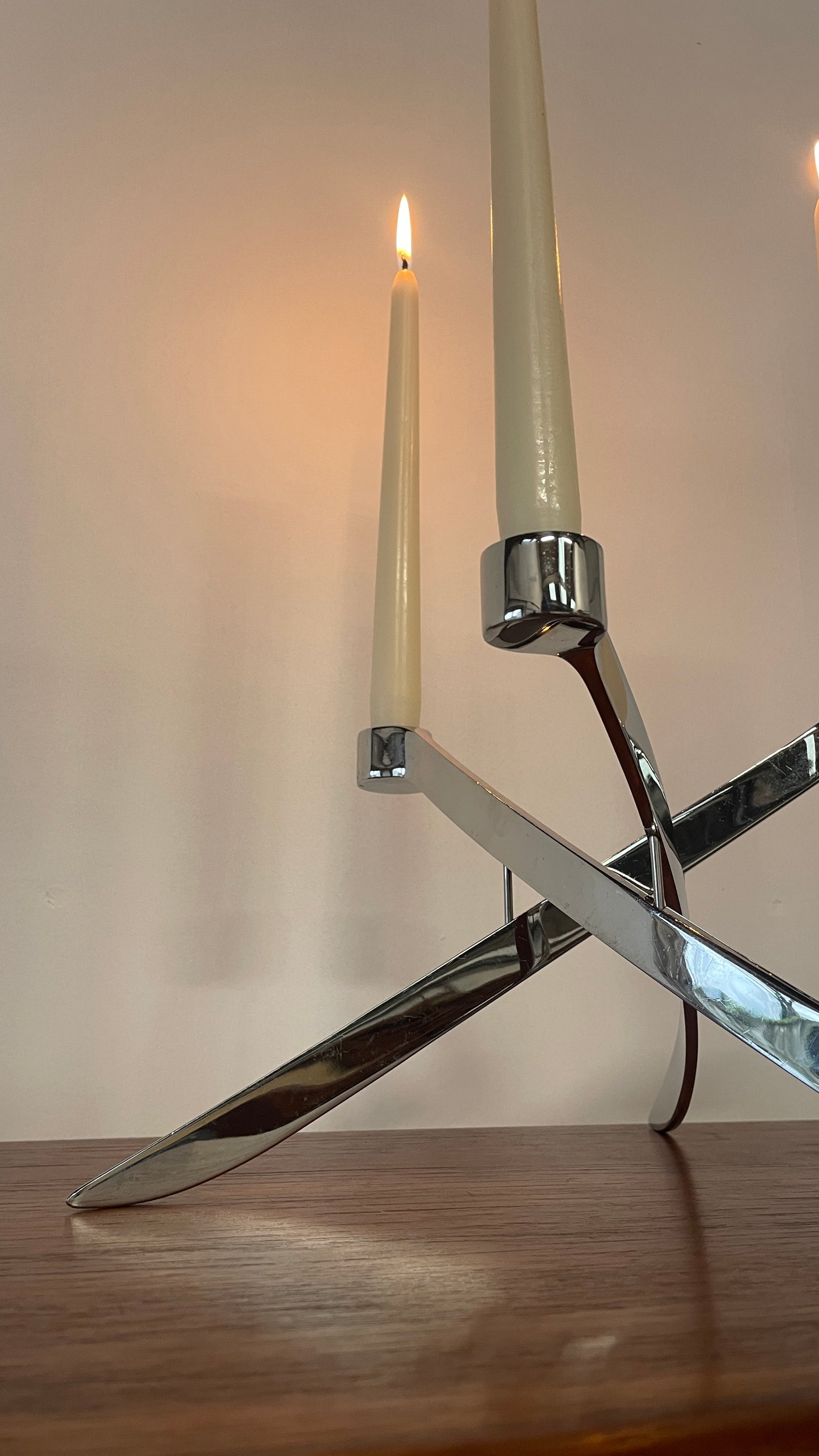 Vintage Chrome 3 Arm Candle Holder by Knud Holscher for Uyuni Lighting | Scandinavian Modern