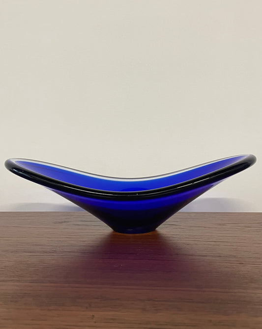 Mid-Century Blue Art Glass Dish | Sculptural Vintage Centrepiece Bowl | 29cm