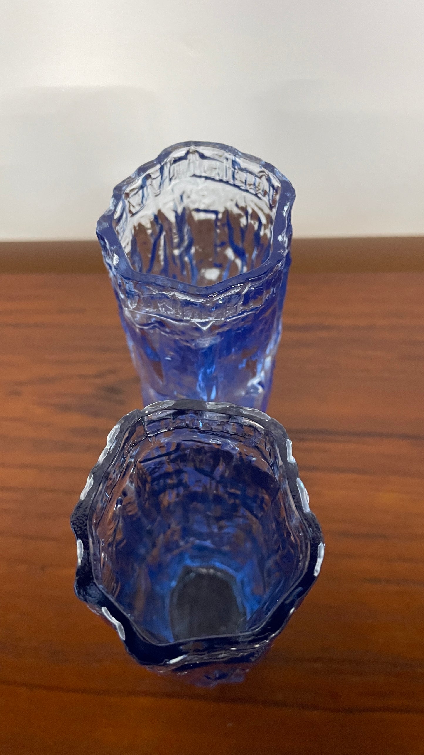 Pair of Vintage Mid-Century Ravenhead Blue Glass Vases – Textured Bark Effect – 17cm