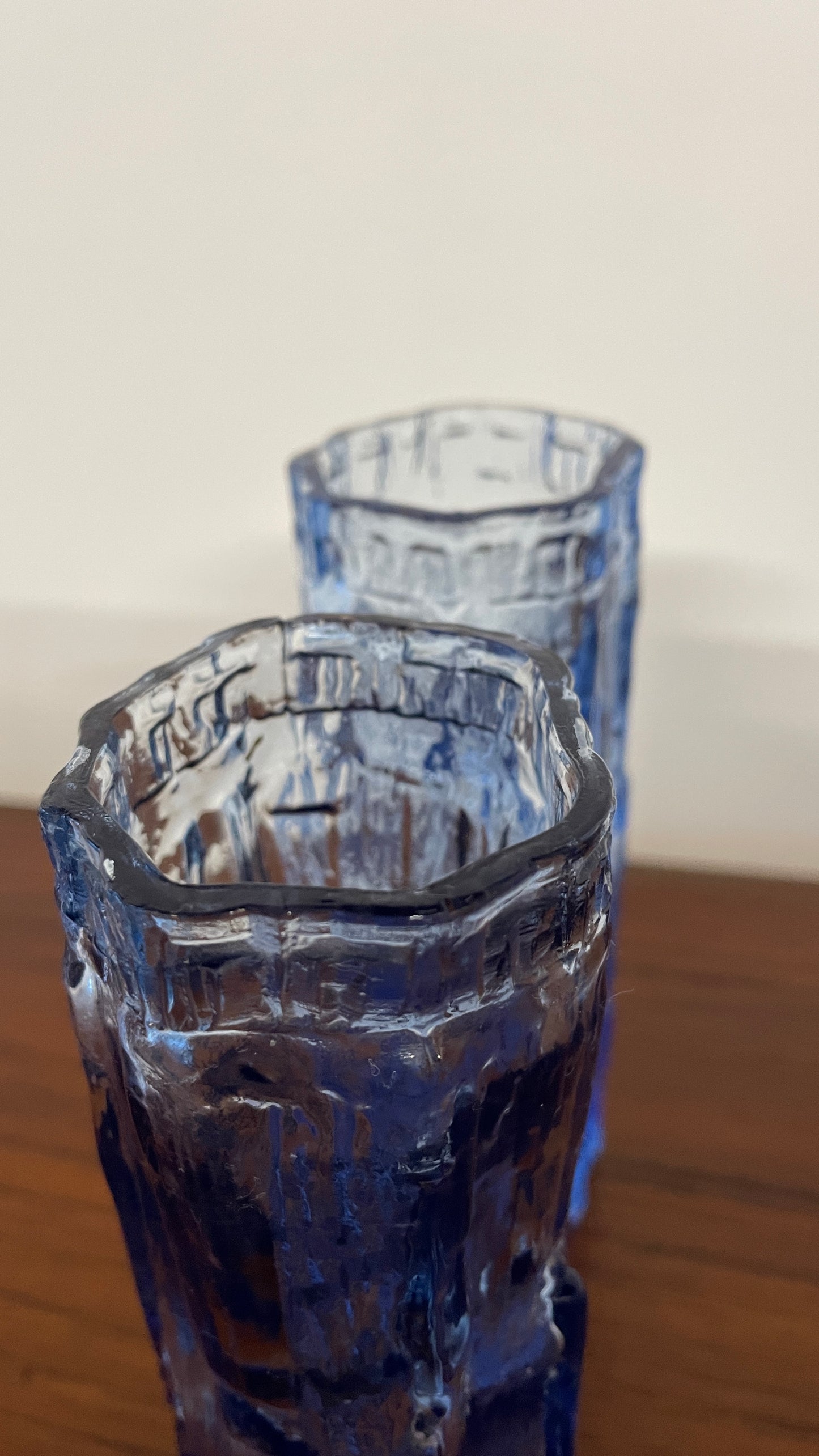 Pair of Vintage Mid-Century Ravenhead Blue Glass Vases – Textured Bark Effect – 17cm