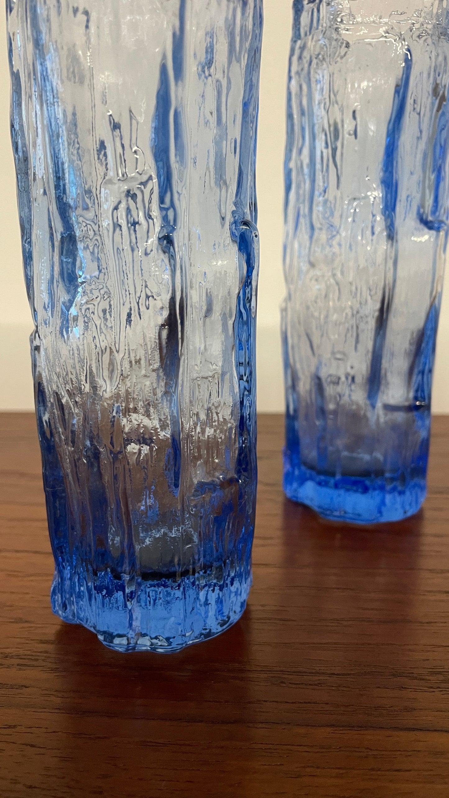 Pair of Vintage Mid-Century Ravenhead Blue Glass Vases – Textured Bark Effect – 17cm