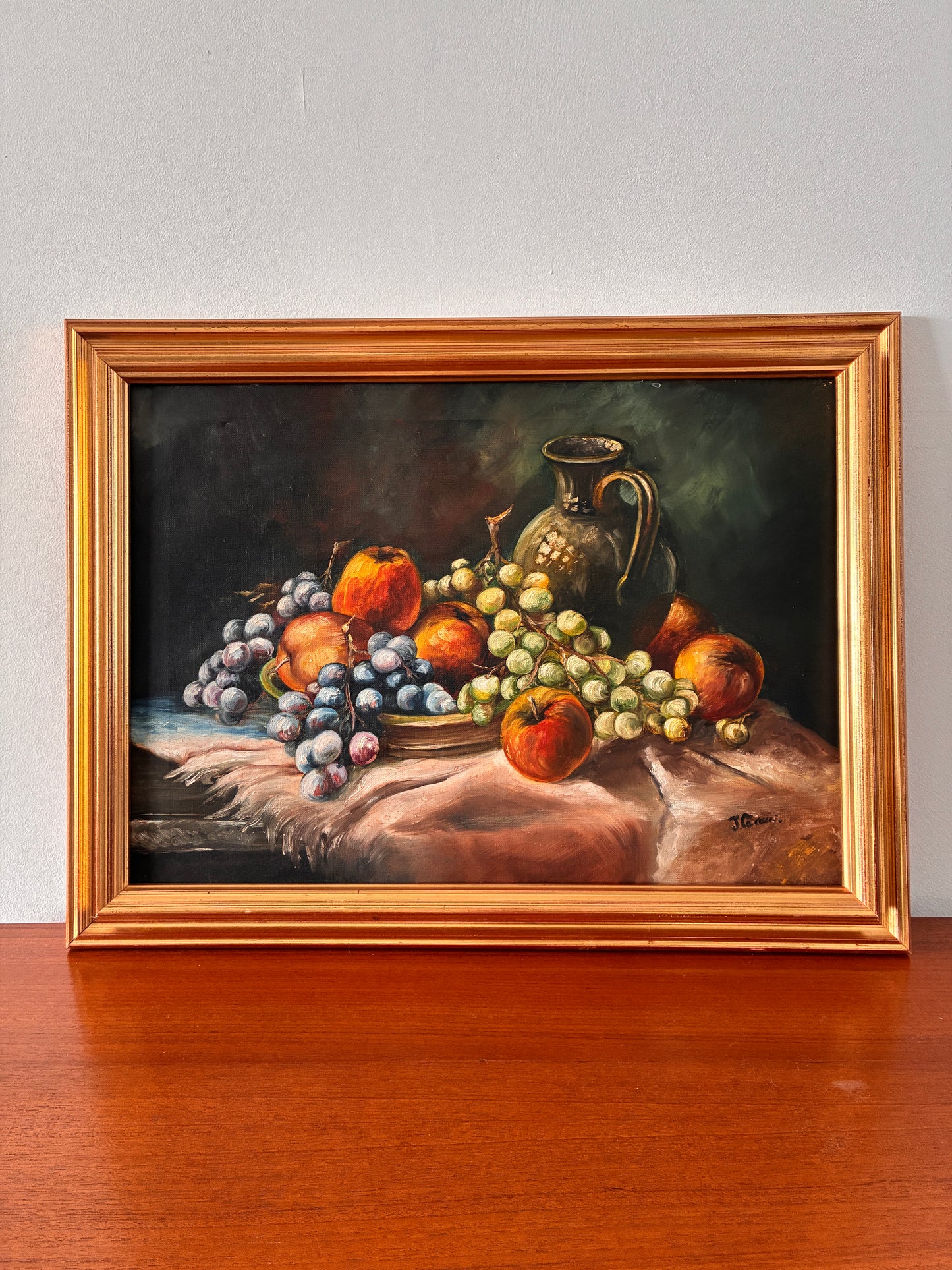 Vintage Framed Oil Painting Still Life w/ Fruit & Jug | Original Oil on Canvas | Traditional Rustic Wall Art | 62cm x 47cm