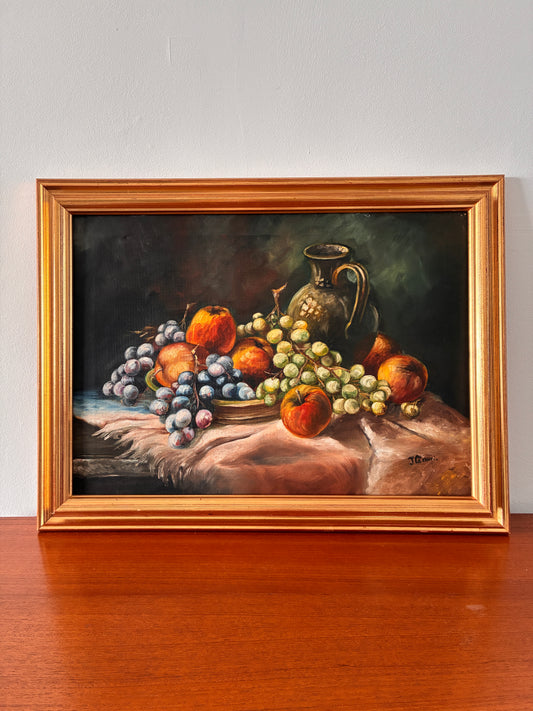 Vintage Framed Oil Painting Still Life w/ Fruit & Jug | Original Oil on Canvas | Traditional Rustic Wall Art | 62cm x 47cm