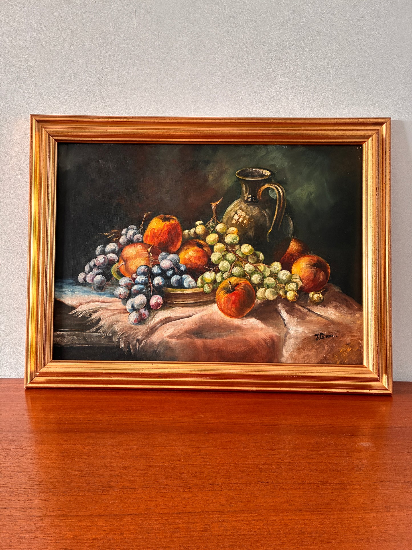 Vintage Framed Oil Painting Still Life w/ Fruit & Jug | Original Oil on Canvas | Traditional Rustic Wall Art | 62cm x 47cm