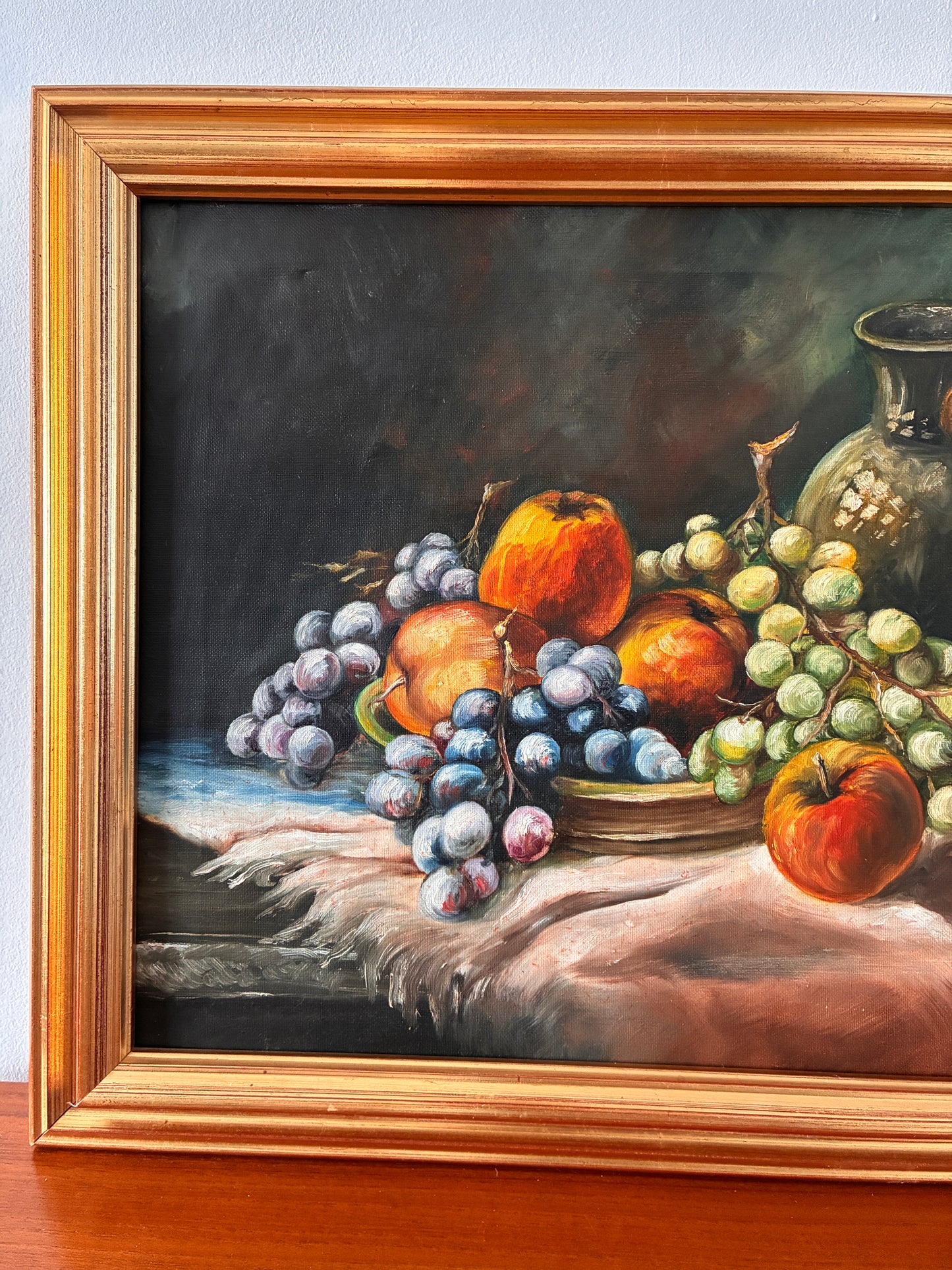 Vintage Framed Oil Painting Still Life w/ Fruit & Jug | Original Oil on Canvas | Traditional Rustic Wall Art | 62cm x 47cm