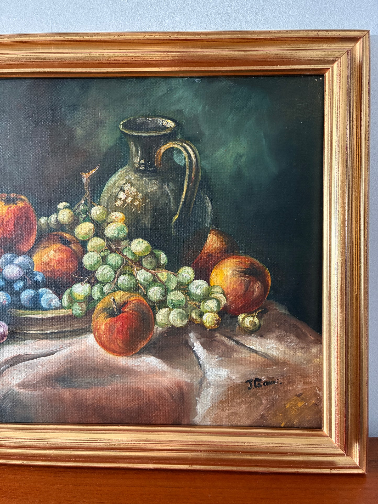 Vintage Framed Oil Painting Still Life w/ Fruit & Jug | Original Oil on Canvas | Traditional Rustic Wall Art | 62cm x 47cm