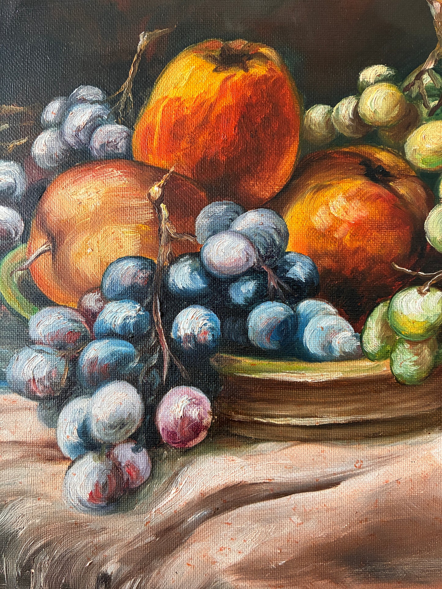 Vintage Framed Oil Painting Still Life w/ Fruit & Jug | Original Oil on Canvas | Traditional Rustic Wall Art | 62cm x 47cm