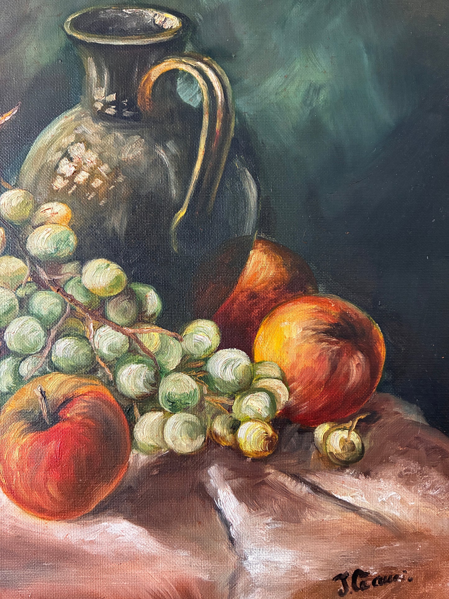 Vintage Framed Oil Painting Still Life w/ Fruit & Jug | Original Oil on Canvas | Traditional Rustic Wall Art | 62cm x 47cm