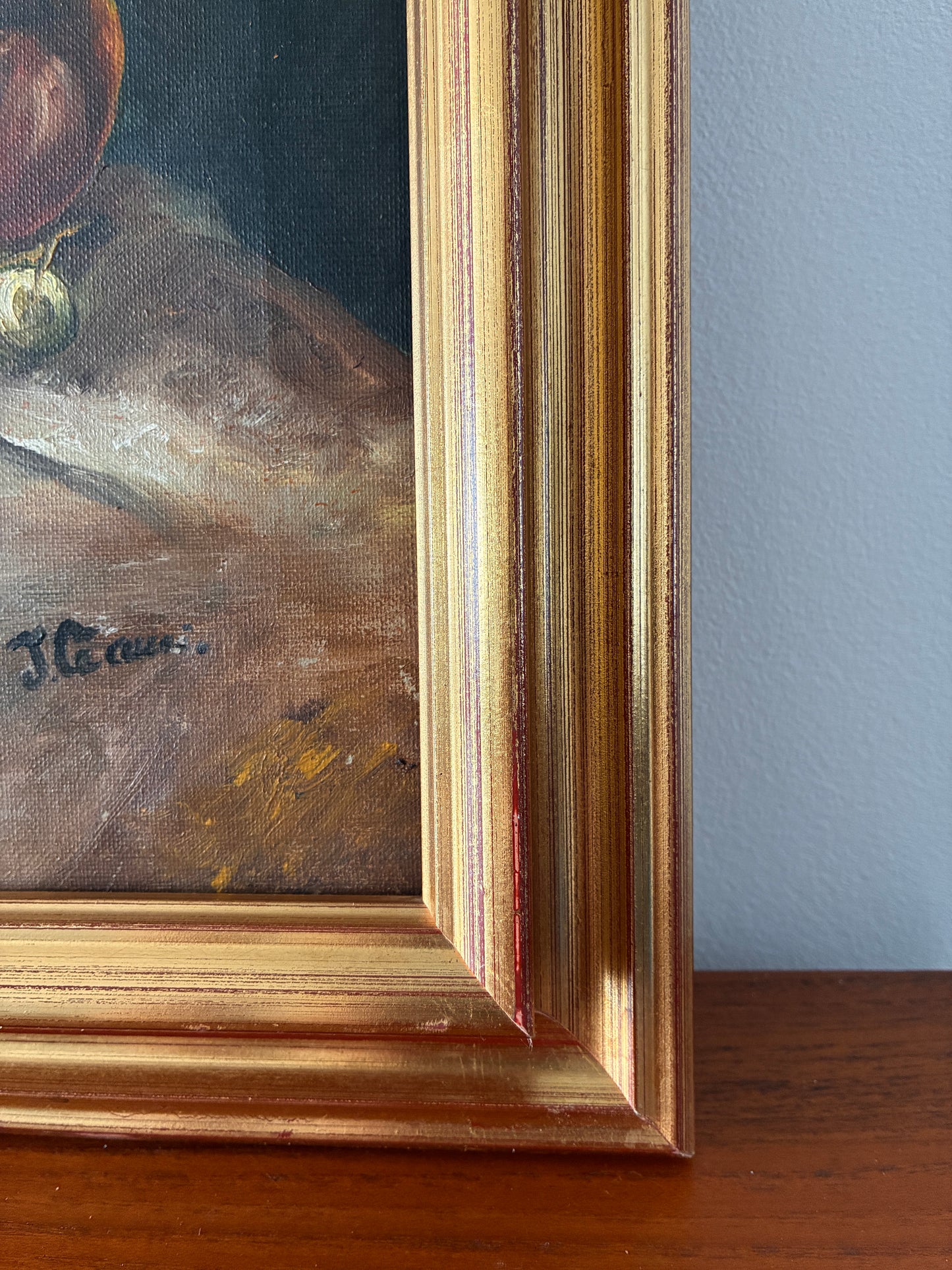 Vintage Framed Oil Painting Still Life w/ Fruit & Jug | Original Oil on Canvas | Traditional Rustic Wall Art | 62cm x 47cm