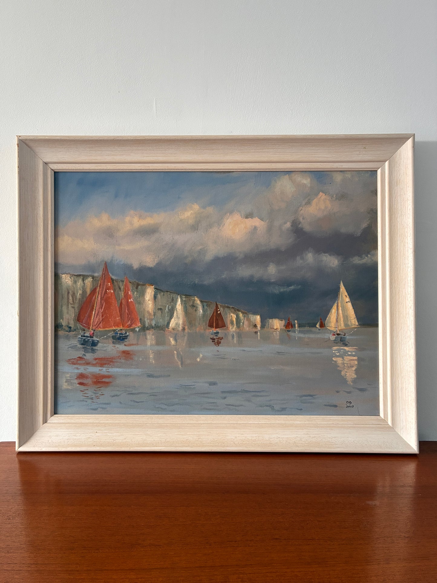 Vintage Framed Original Oil Painting – Coastal Seascape Sailing Boats & White Cliffs