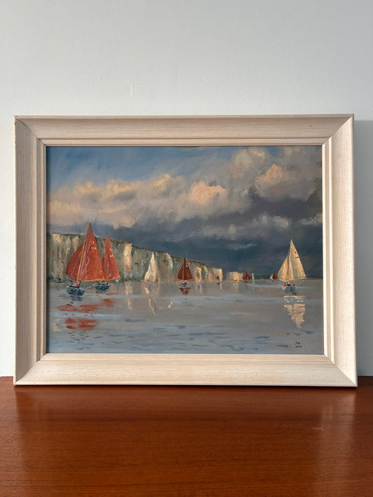Vintage Framed Original Oil Painting – Coastal Seascape Sailing Boats & White Cliffs