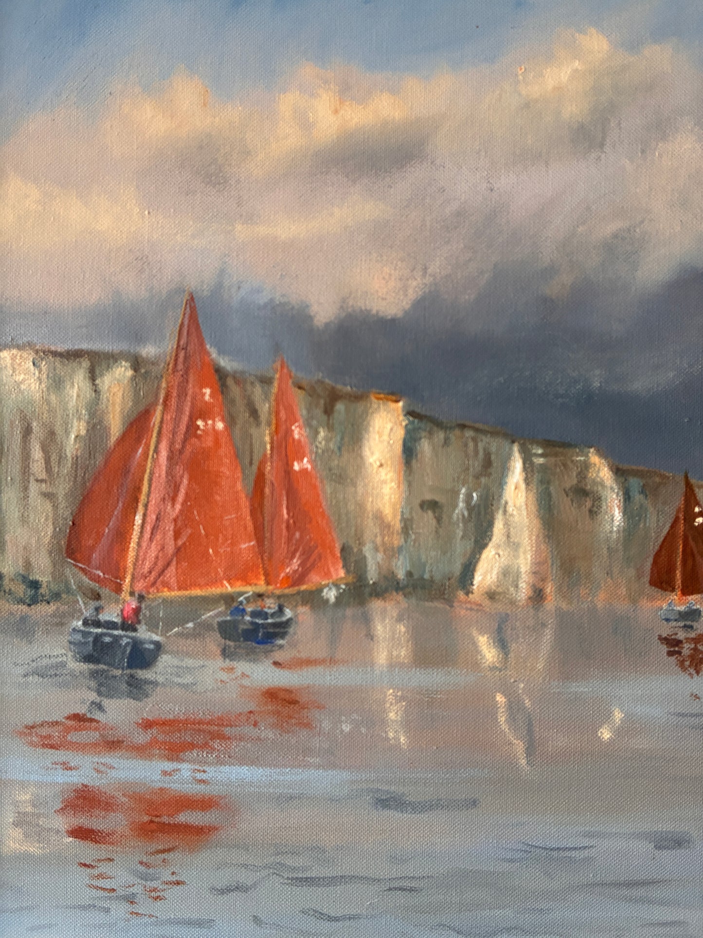Vintage Framed Original Oil Painting – Coastal Seascape Sailing Boats & White Cliffs