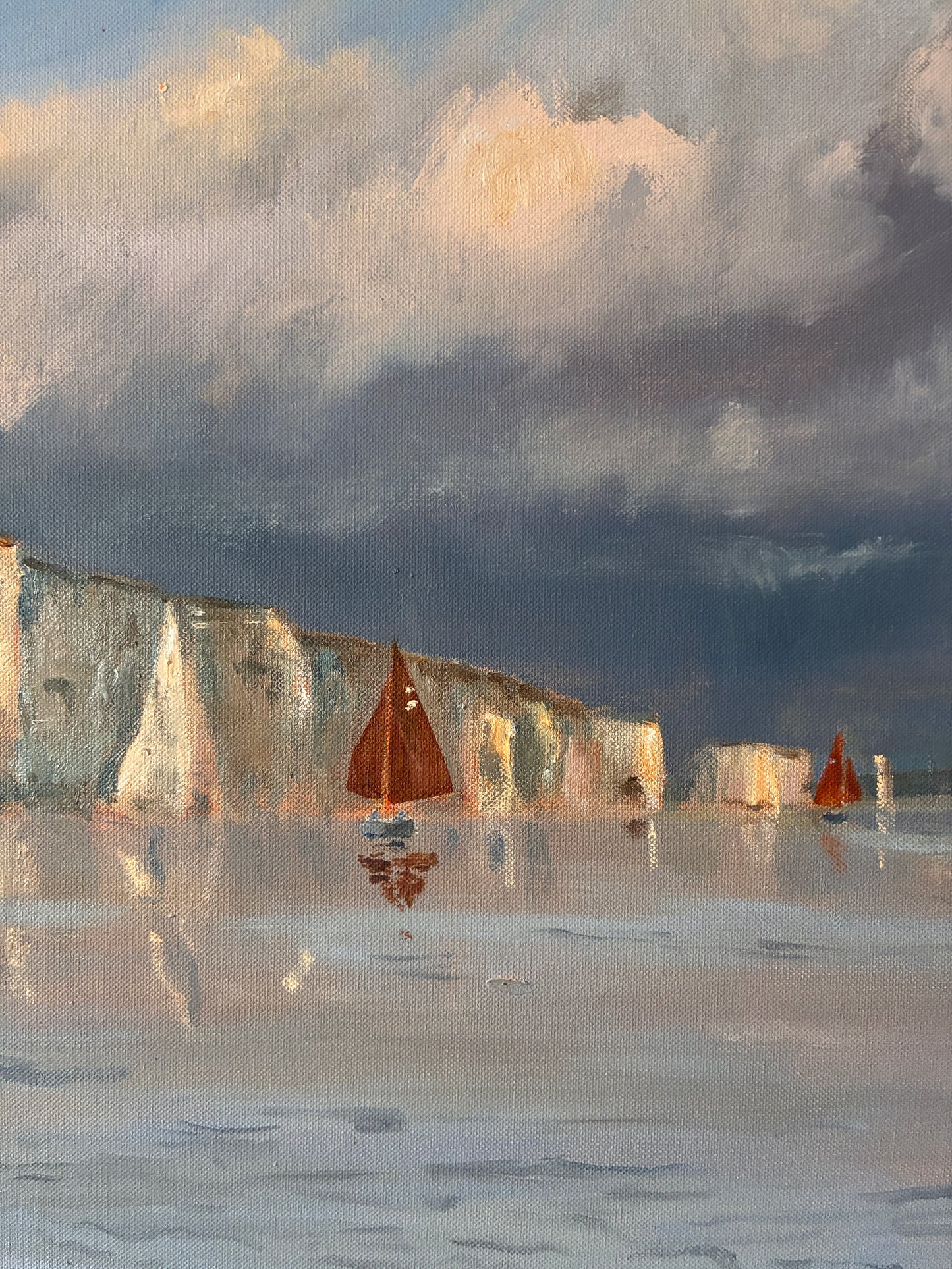 Vintage Framed Original Oil Painting – Coastal Seascape Sailing Boats & White Cliffs