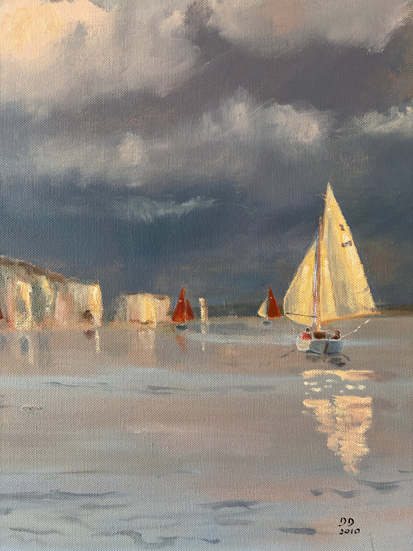 Vintage Framed Original Oil Painting – Coastal Seascape Sailing Boats & White Cliffs