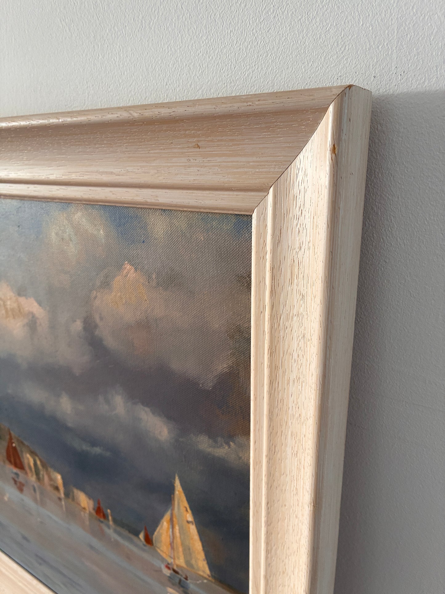 Vintage Framed Original Oil Painting – Coastal Seascape Sailing Boats & White Cliffs