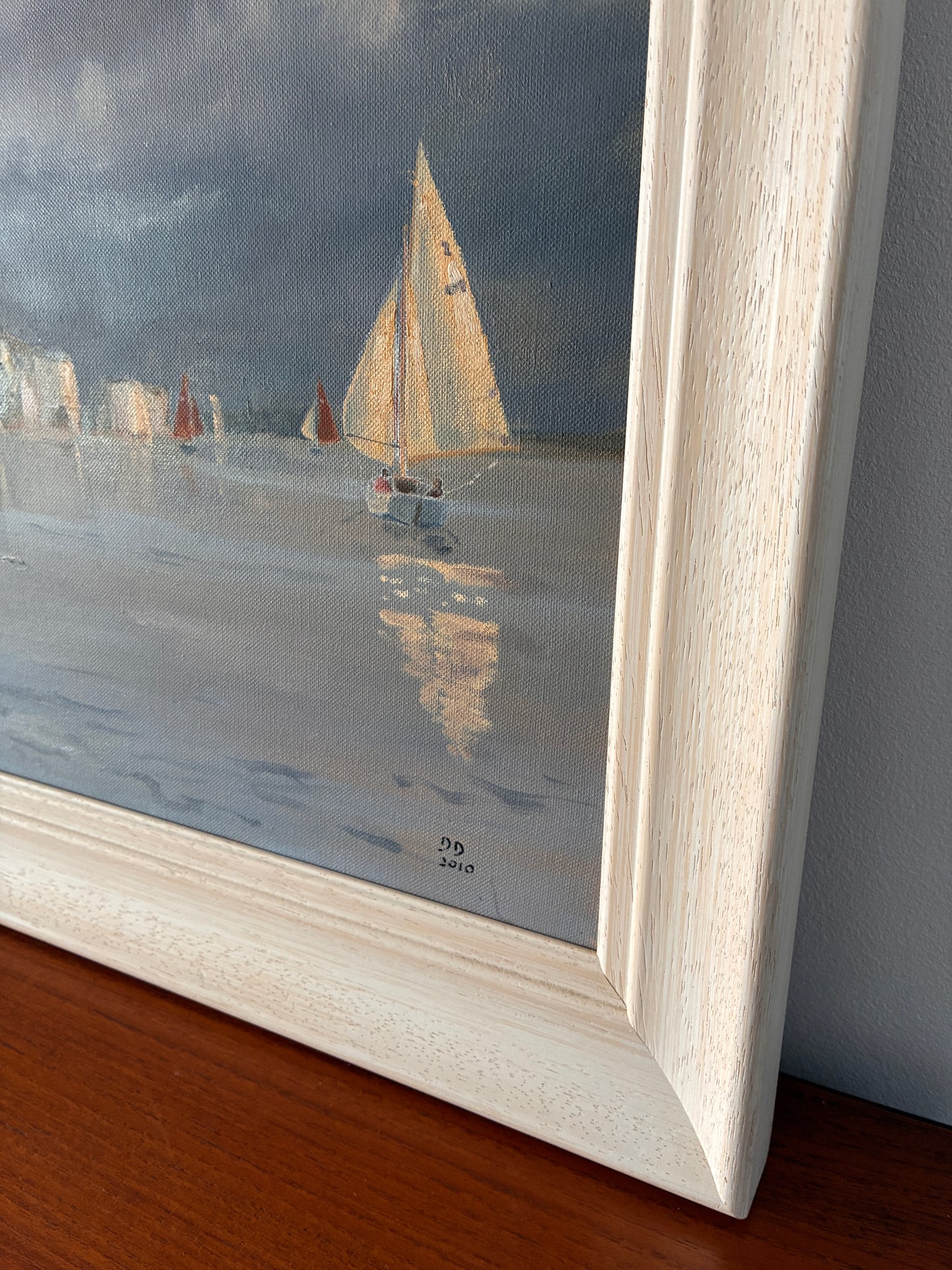 Vintage Framed Original Oil Painting – Coastal Seascape Sailing Boats & White Cliffs
