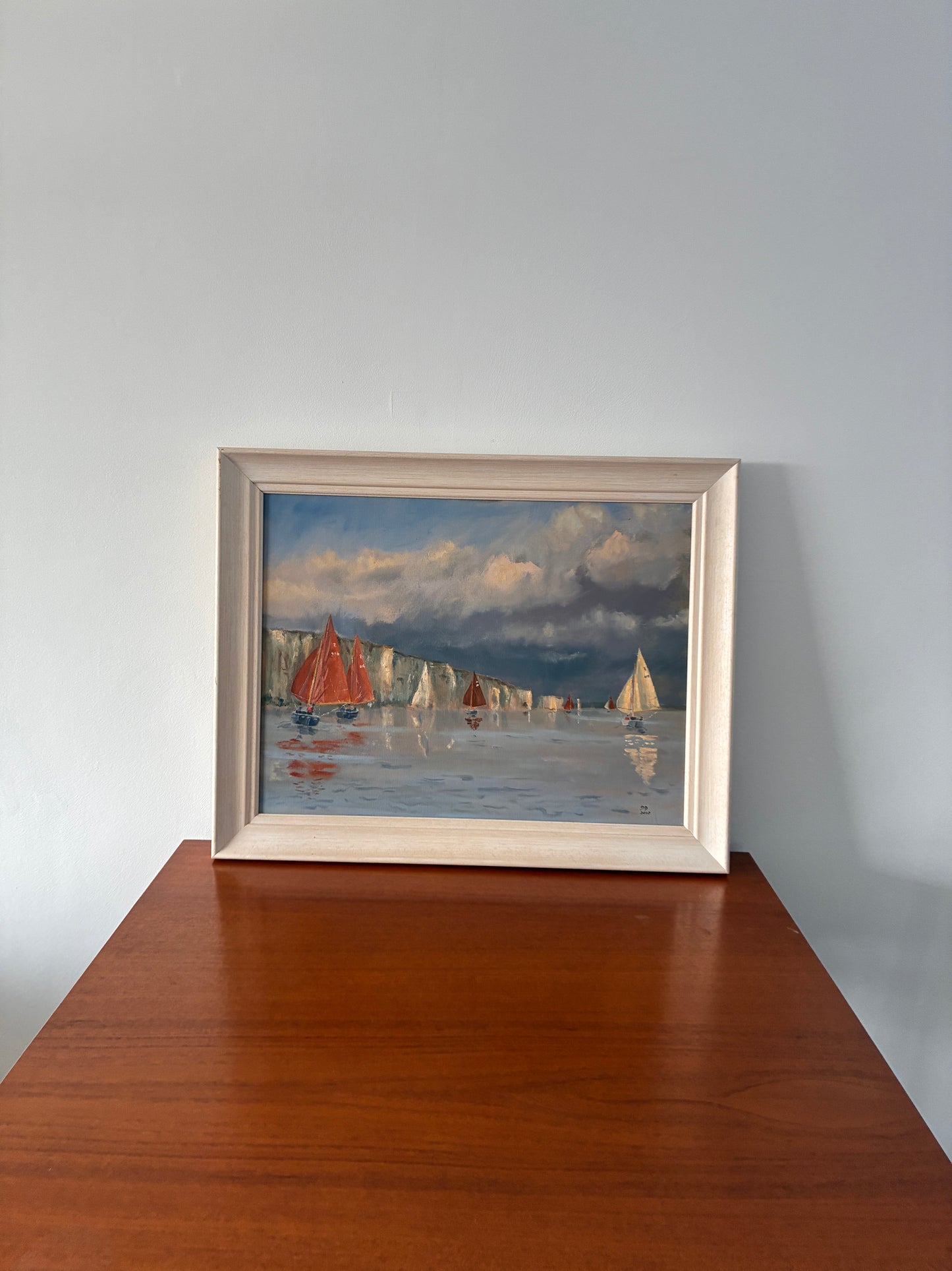 Vintage Framed Original Oil Painting – Coastal Seascape Sailing Boats & White Cliffs