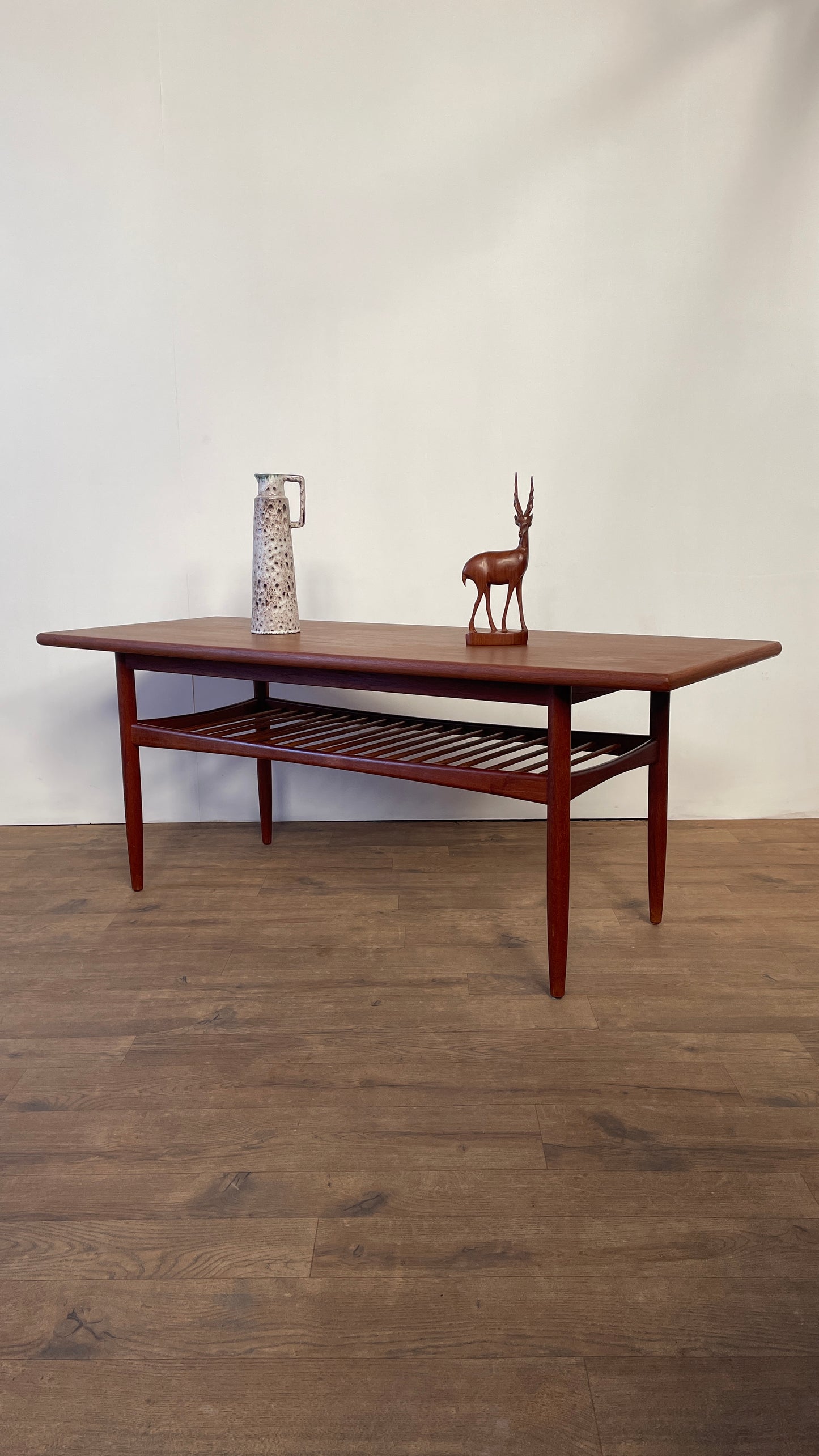 Mid-Century Danish Teak Coffee Table with Slatted Shelf | Scandinavian Modern