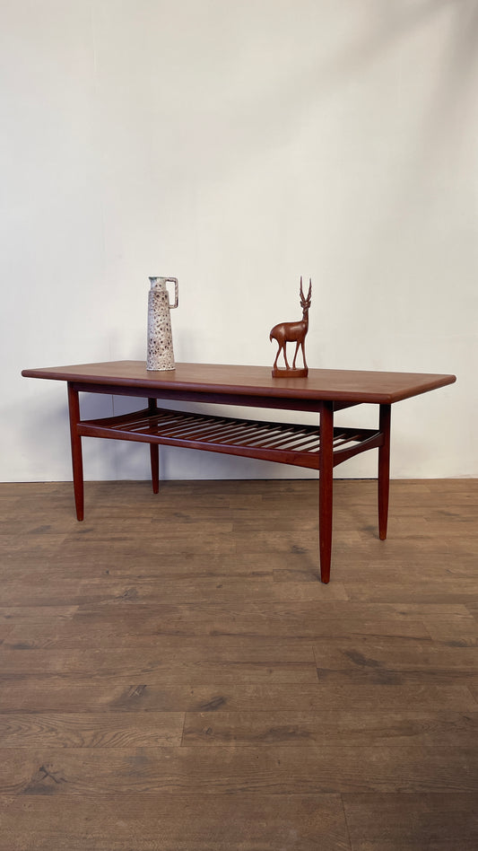 Mid-Century Danish Teak Coffee Table with Slatted Shelf | Scandinavian Modern