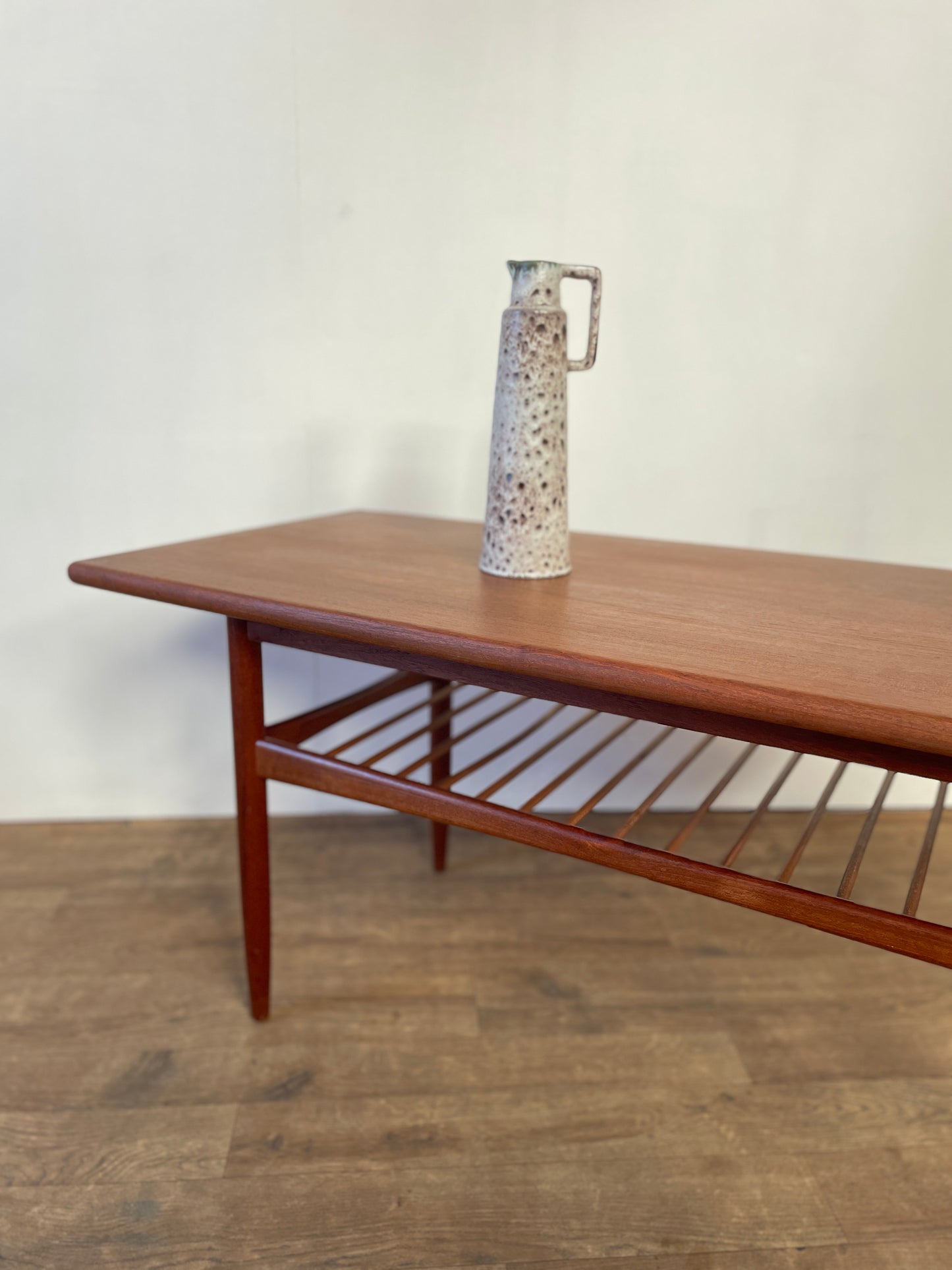 Mid-Century Danish Teak Coffee Table with Slatted Shelf | Scandinavian Modern
